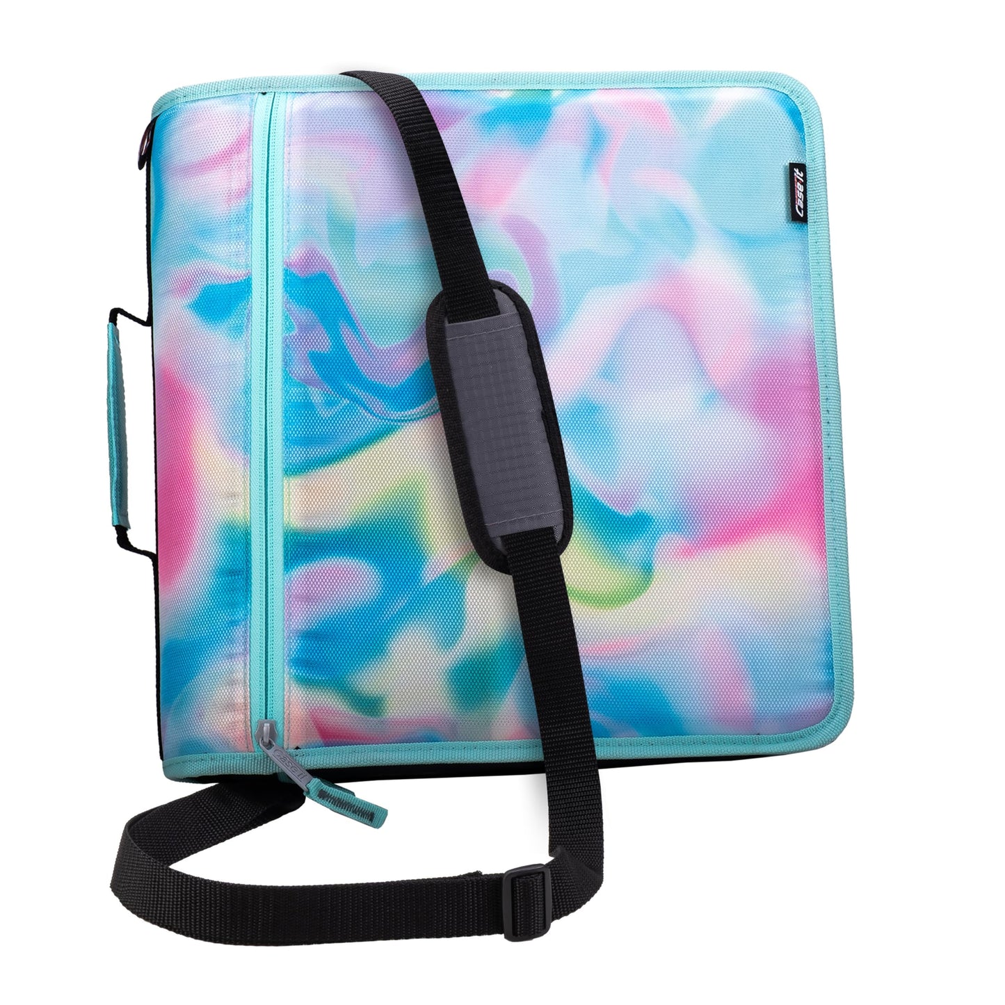 Case-it The Mighty Zip Tab Zipper Binder - 3 Inch O-Rings - 5 Color Tab Expanding File Folder - Multiple Pockets - 600 Sheet Capacity - Comes with Shoulder Strap - Aqua Iridescent Pastel D-146-P