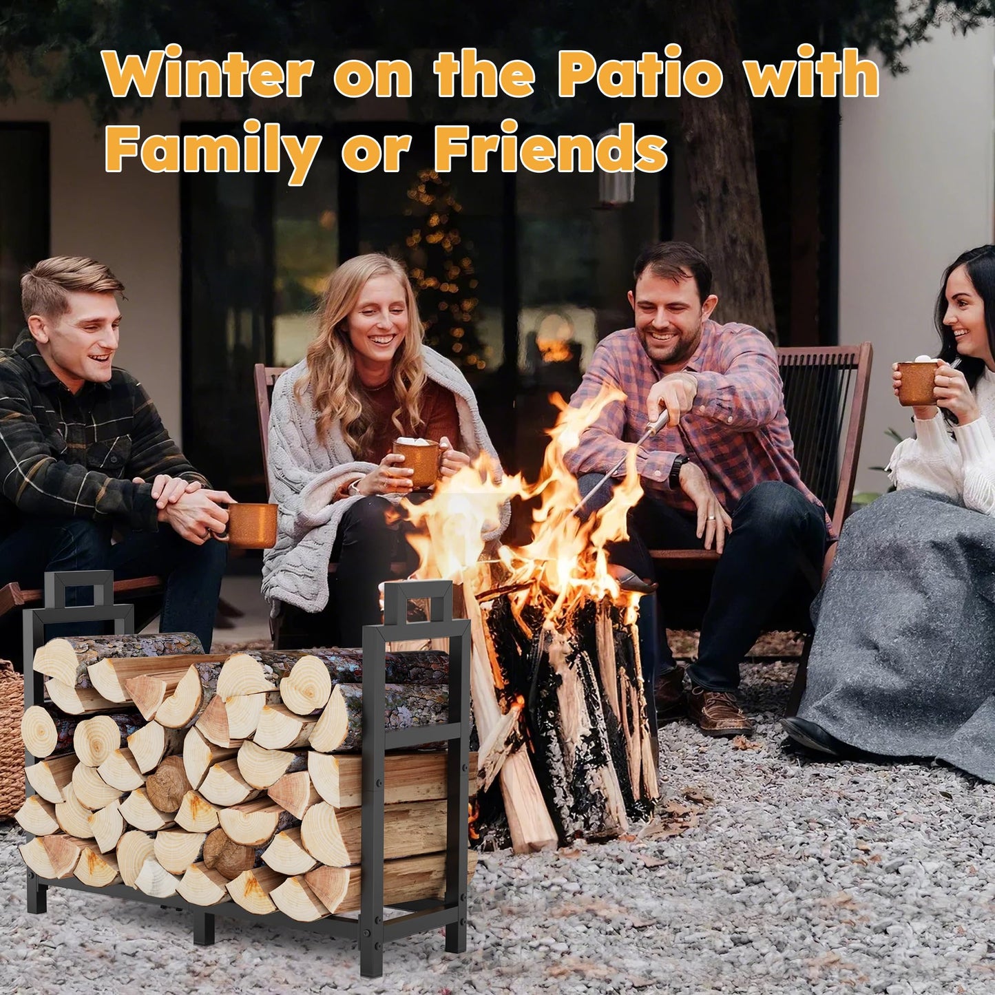 30 Inch Firewood Rack Outdoor Indoor with Handle and Log Carrier Bag, Stable Metal Wood Rack Heavy Duty Log Holder for Fireplace Patio Deck, Rustproof Firewood Storage Organizer Tool, Black, Square