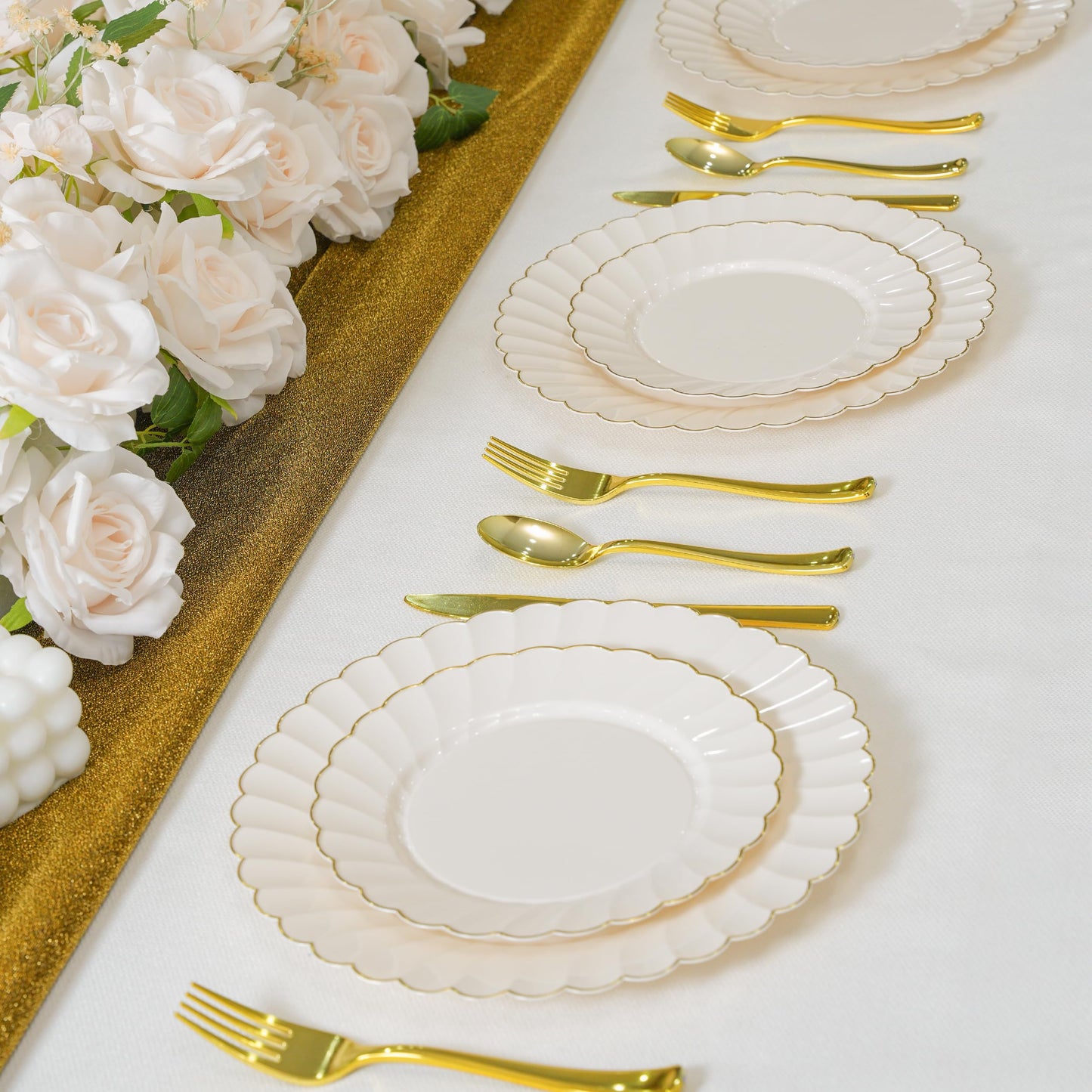 ISFANGCO 72PCS Ivory Plastic Plates Set for 36 Guests, Heavy Duty Disposable Gold Rim Scalloped for Wedding Party, 36 Dinner Plates 10.25", 36 Dessert Plates 7.25"