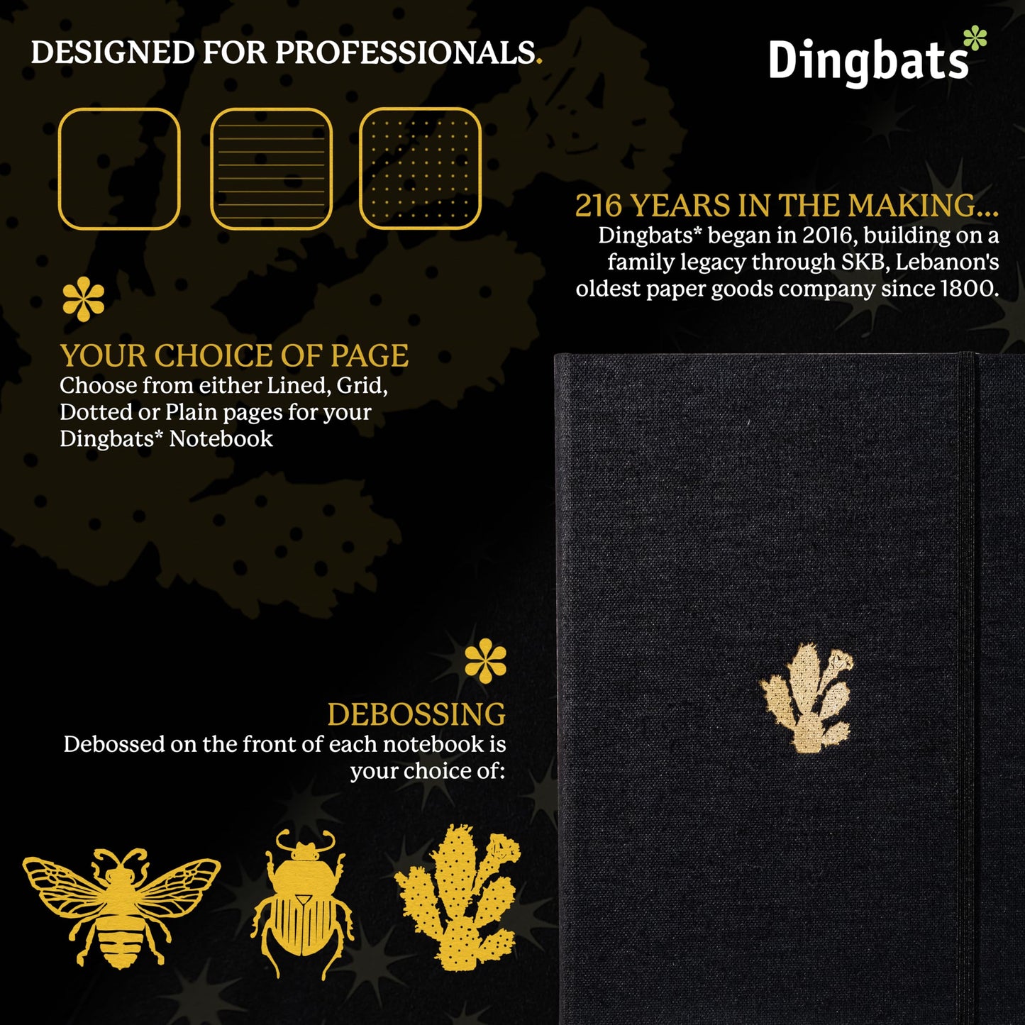 Dingbats* - Pro B5 Large Lined Notebook - Black Textile Cover, Thread-Bound Journal - for Work, Travel - Pocket, Elastic Closure, Pen Holder, Bookmark