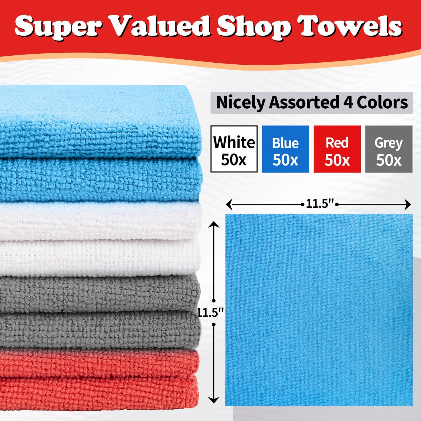 FIXSMITH Shop Towels, Microfiber Cleaning Cloths Bulk, 200 Pack Microfiber Towels for Cars, All-Purpose Absorbent Cleaning Rags, Shop Rags for Automotive, Mechanic, Garage, Bar, 11.5 x 11.5 inch