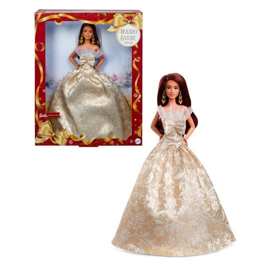 Barbie Signature Doll, 2025 Holiday Barbie Dark Brown Hair Fashion Doll Wearing Silver & Gold Gown, Seasonal Collector in Displayable Packaging & Stand