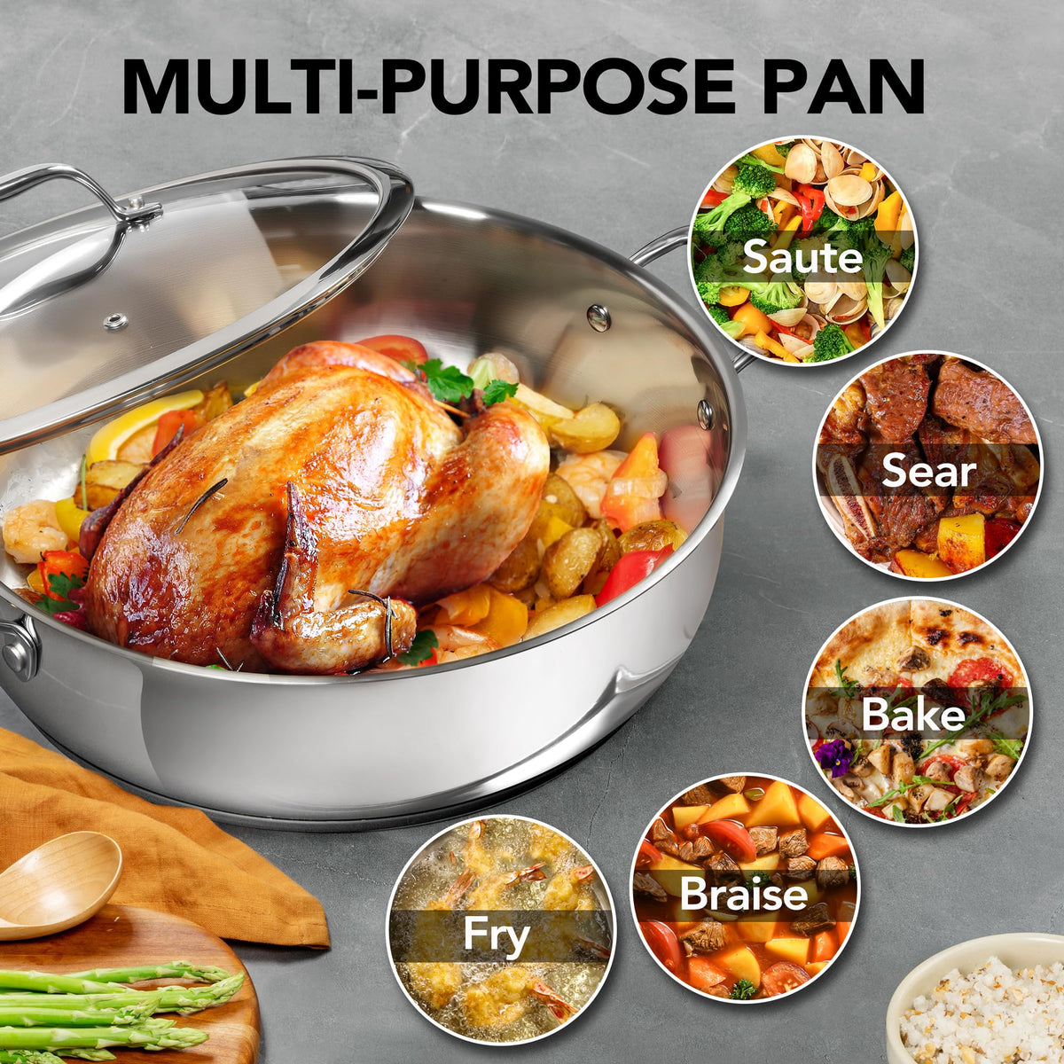Michelangelo 12 Inch Stainless Steel Pan with Lid - Large Saute Pan with Lid, Deep Frying Pan Dishwasher & Oven-Safe, All Cooktops Compatible, 6 Quart