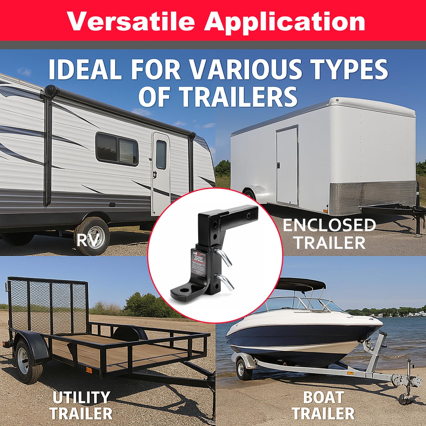 PEAKTOW Adjustable 8-Position Trailer Ball Mount Fits 2” Receiver, 9-1/2” Drop and 10” Rise, 5000lbs. GTW Capacity PTT0061