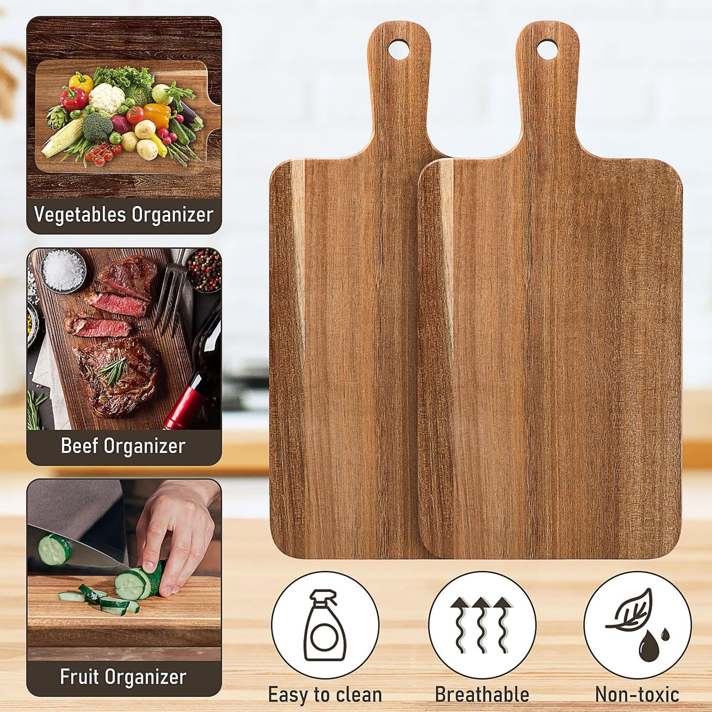 Acacia Wood Cutting Board, 8 Pcs, 15.7 x 7.8 Inch Wooden Serving Board with Handles, Large Kitchen Chopping Boards for Pizza, Bread, Cheese, Charcuterie, Fruit, Vegetables