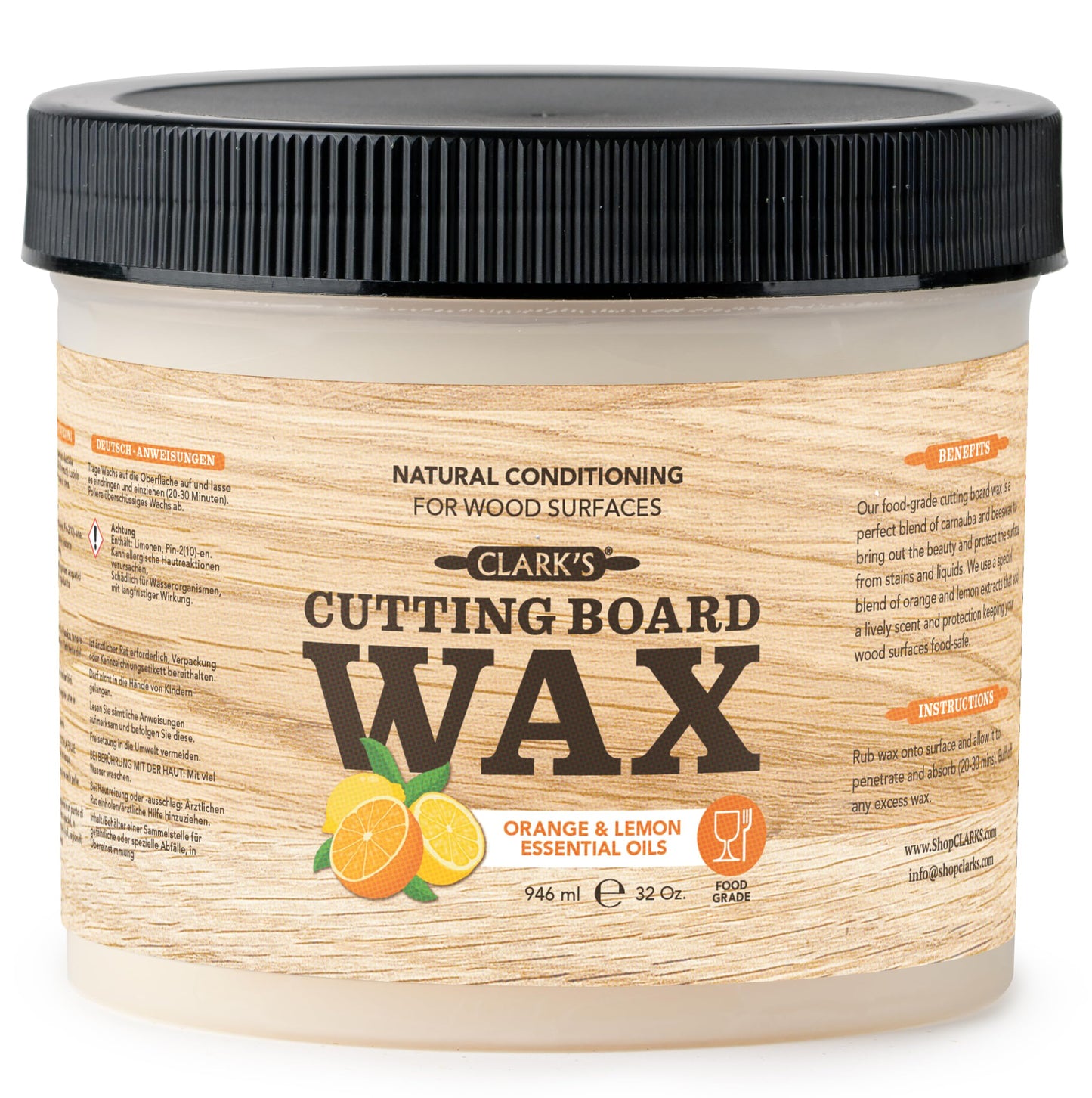 CLARK'S Cutting Board Wax, 946 mL - 2 in 1 Wood Butter & Food Grade Mineral Oil with Beeswax – Butcher Block Conditioner for Cutting Boards – Orange & Lemon Essential Oil Scent