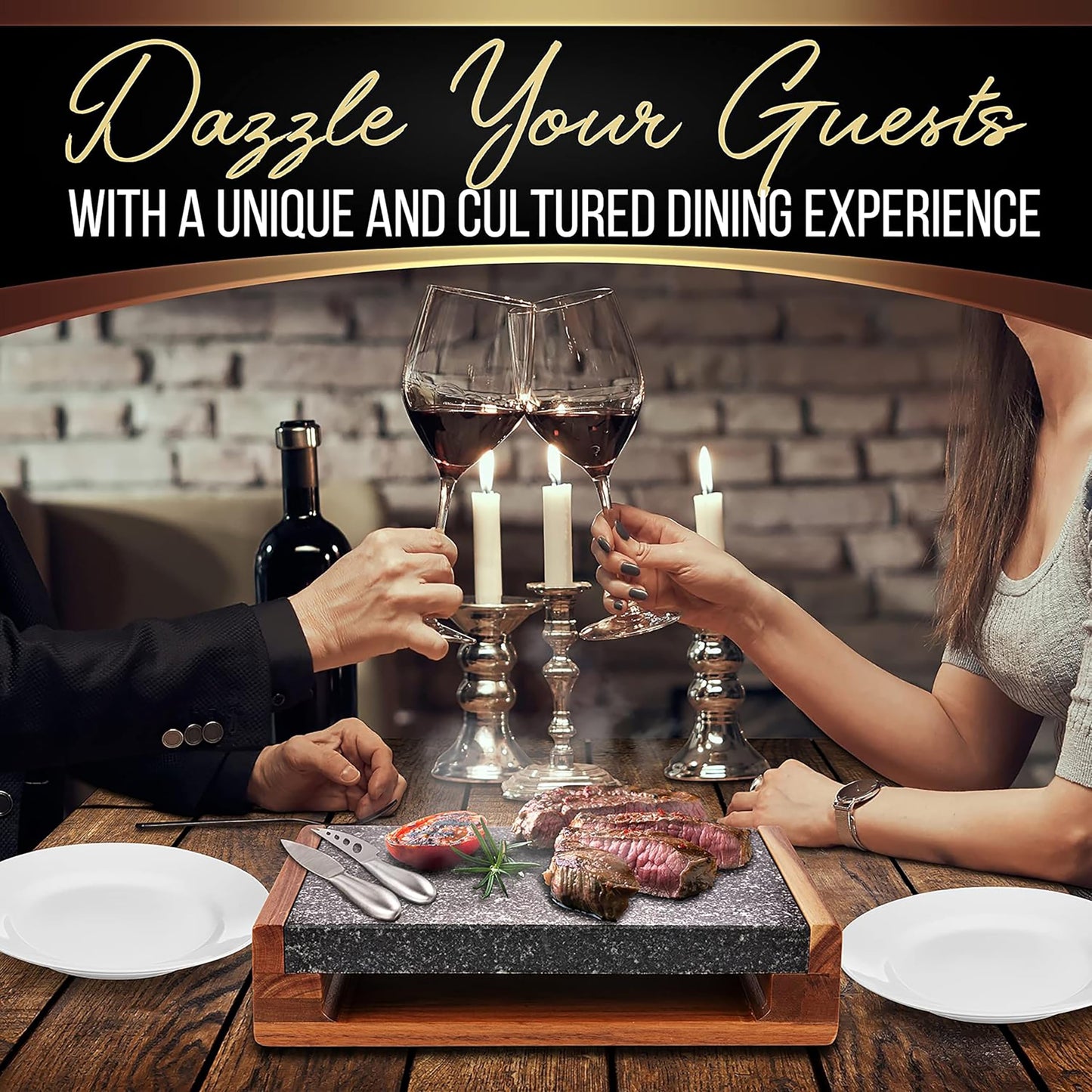 Nutrichef Hot Stone Steak Serving Set – Natural Granite Cooking Stone with Wooden Tray, Keeps Food Hot Longer, Restaurant-Style Steak, Seafood & Appetizer Platter