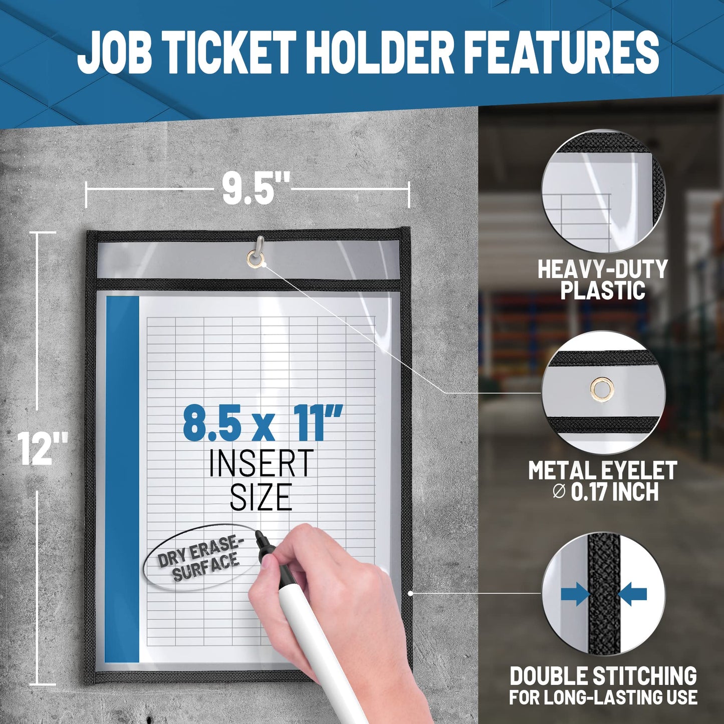 30 Pack Job Ticket Holders 8.5x11 - Work Order Plastic Sleeves for Documents - 8 1/2 x 11 Shop Ticket Holders - Dry Erase Pocket Sleeves - Dry Erase Pockets - Dry Erase Sleeves - Clear Pocket Sleeves