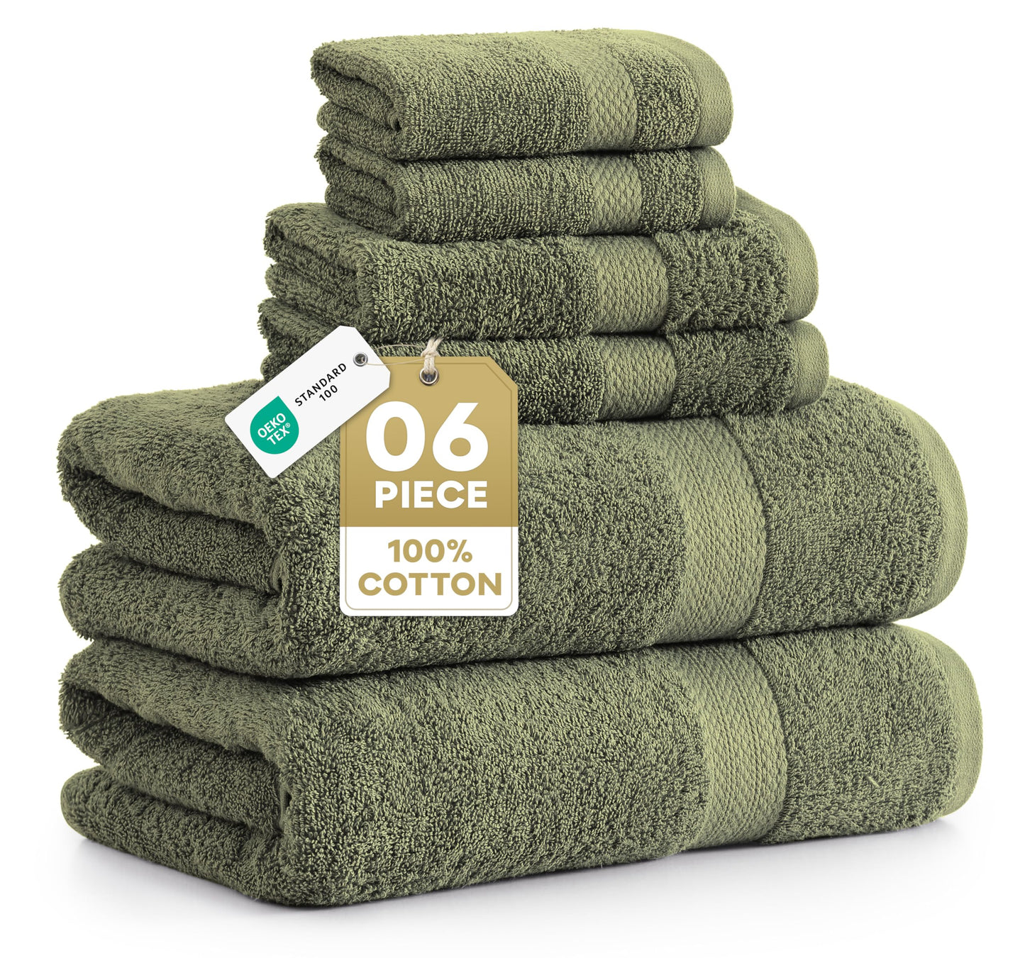 6 Piece Bath Towel Set - 100% Cotton Bathroom Towels, Extra Large Bath Towels, Hotel Towels, 2 Bath Towels, 2 Hand Towel for Bathroom, 2 Wash Cloths for Your Body and face - Oil Green