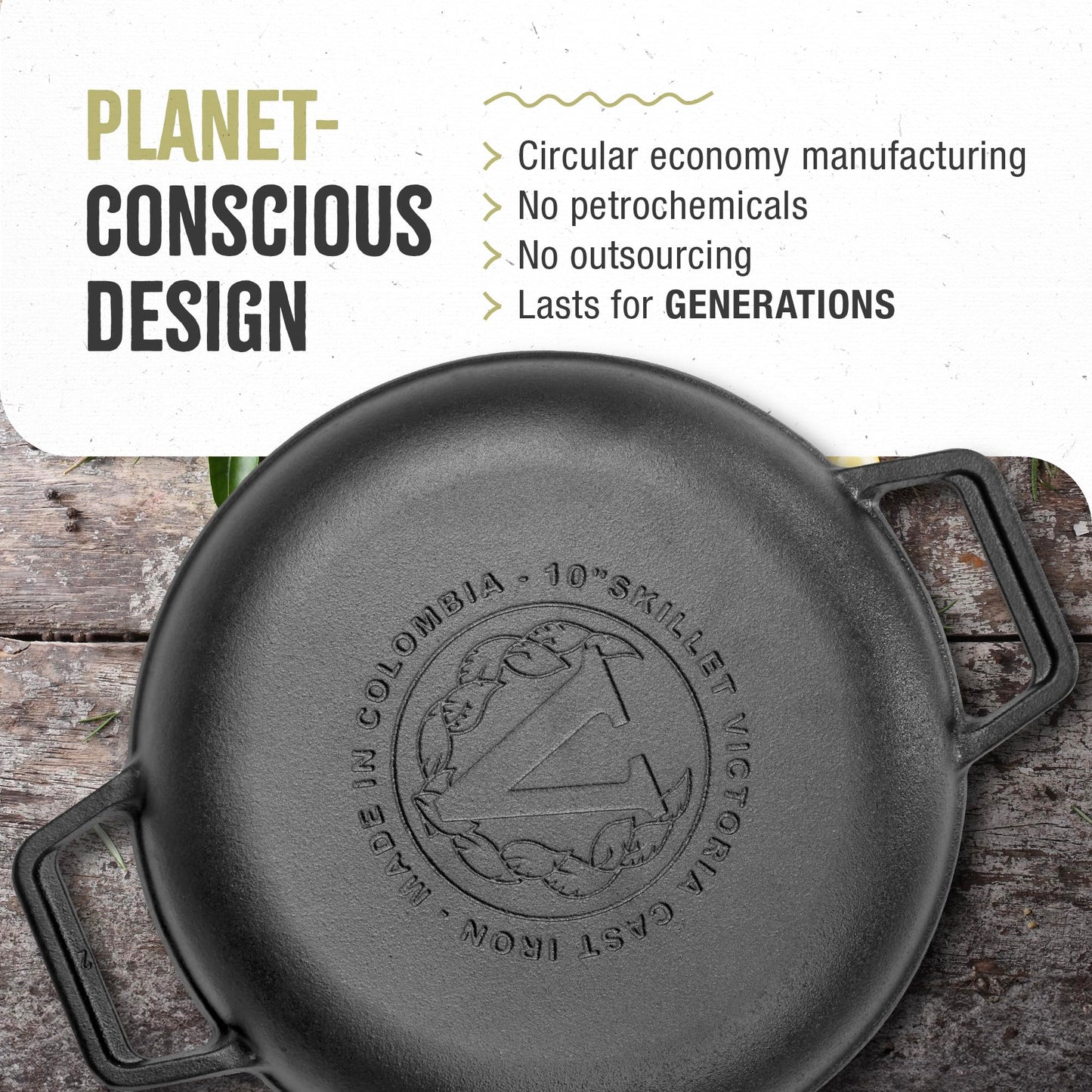 Victoria 10-Inch Cast-Iron Round Skillet with Double Loop Handles, Made in Colombia