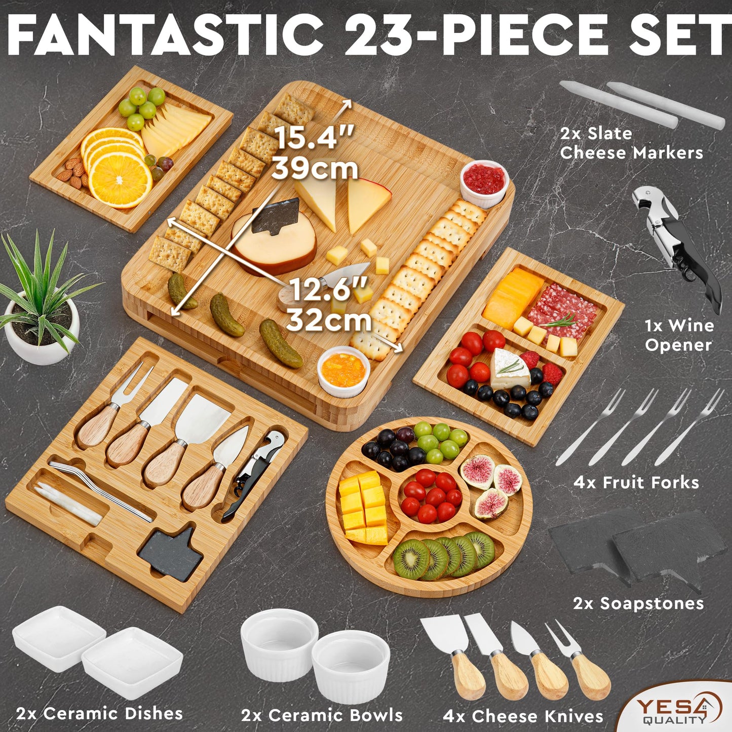 Charcuterie Boards Premium Gift Set - 23 Pieces, Bamboo - Large Cheese Board Plus Fruit Tray w/Utensil Drawer, Knives, Forks for Mother's Day Present, Birthday, Housewarming, Wedding Shower Gifts