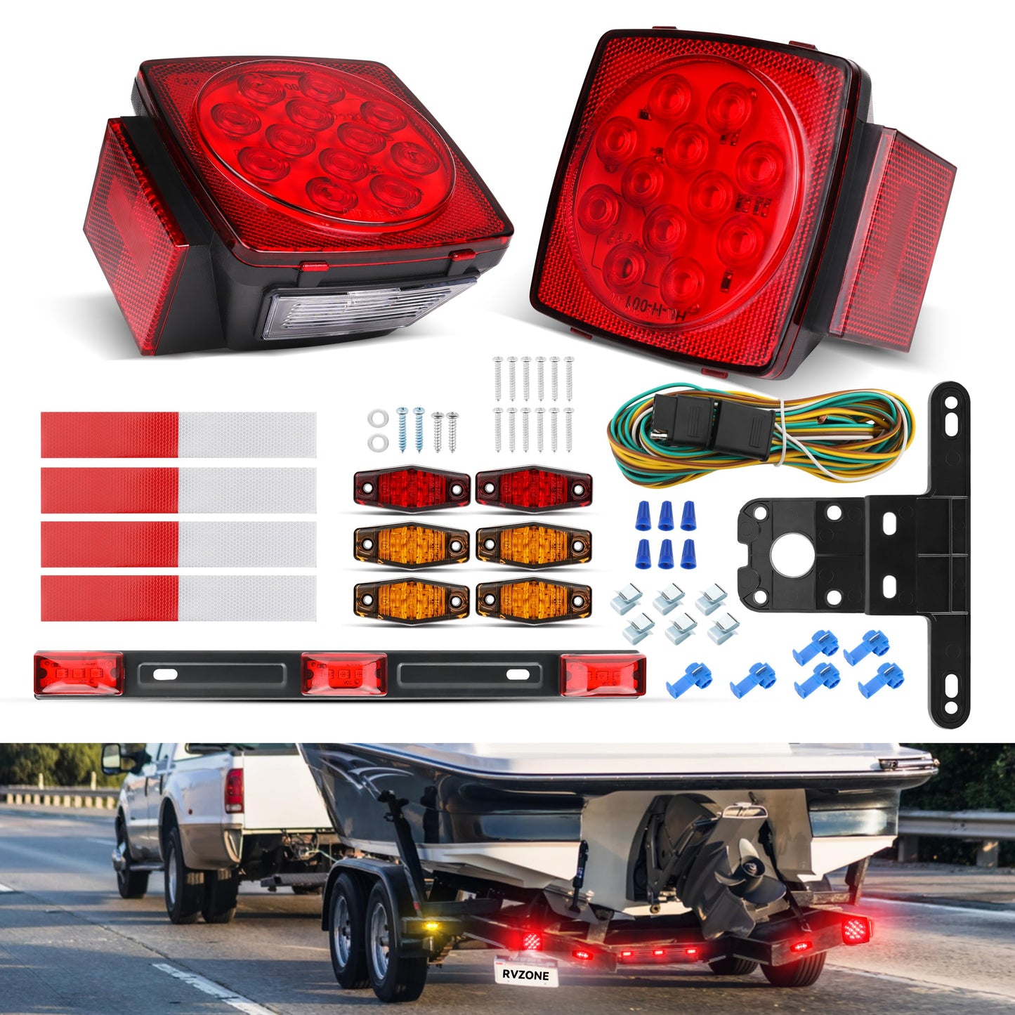 RVZONE Trailer Lights LED Kit, 12V Submersible Boat Trailer Lights Utility Led Lighting with License Plate Lights, Marker Brake Lights, Wiring Harness, for Trailer Boat Truck RV
