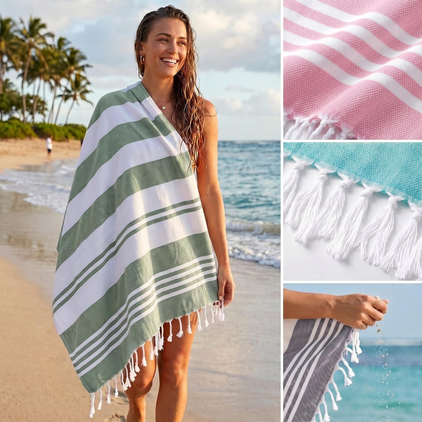 Utopia Towels [4 Pack Turkish Beach Towel (40 x 72 Inches) - 100% Cotton Oversized Sand Free Lightweight & Quick-Dry, Prewashed for Soft Feel Large Peshtemal Towel (Cool Grey, Aqua, Pink, Sea Foam)