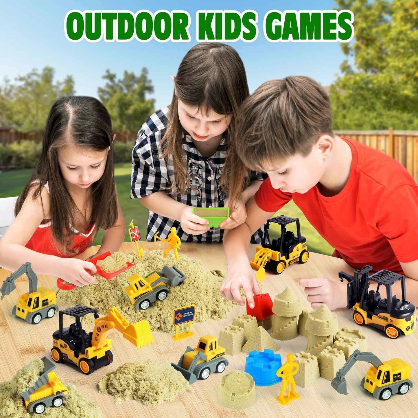 Billeeit Sand Construction Kit with A Big Foldable Sandbox and 2.2lbs Magic Sand, Truck Sand Construction Toys Including Castle Molds and Other Accessories 36Pcs Total, Play Sand Art Set for Kids 3+