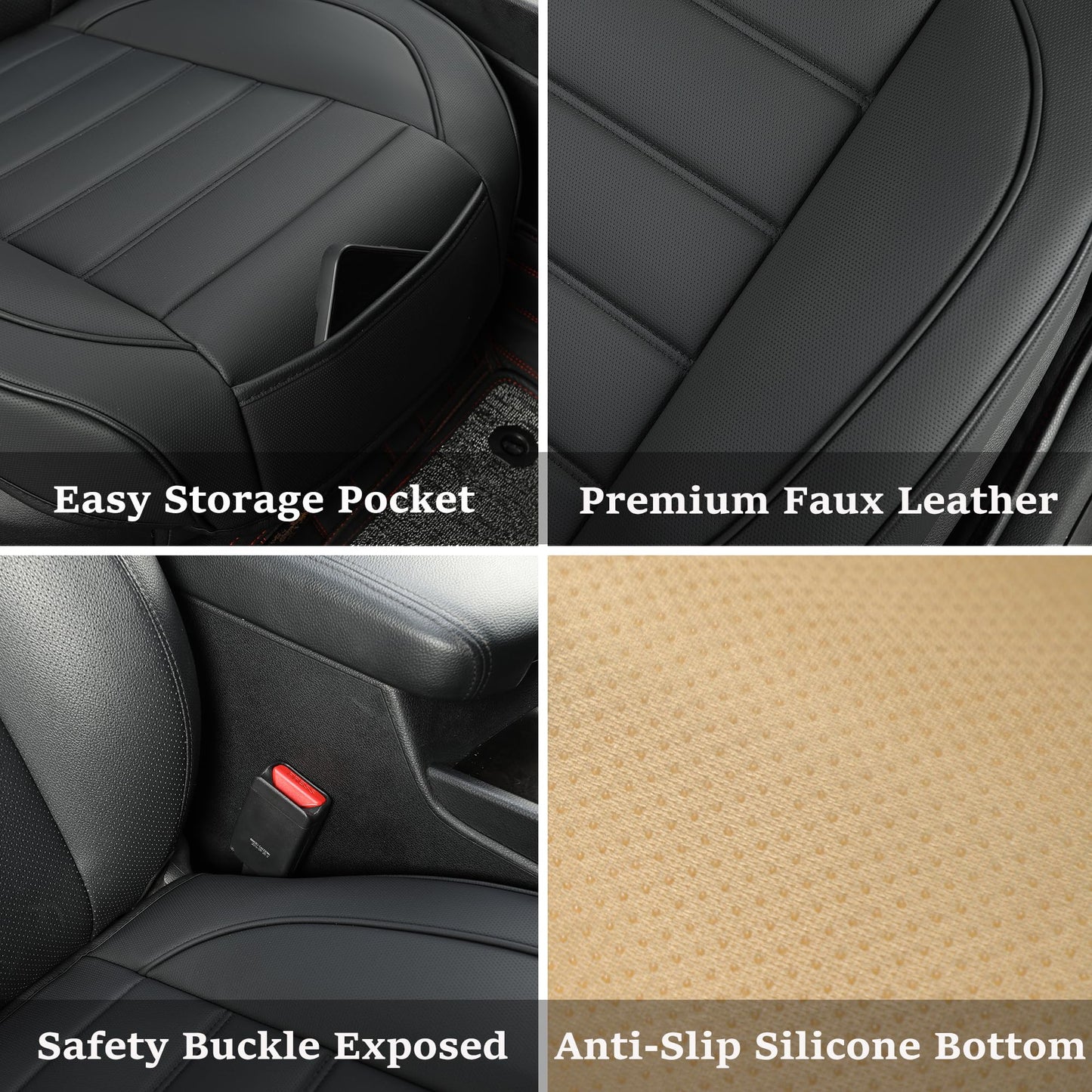 Vankerful Leather Front Car Seat Covers,Bottom Seat Covers for Cars,Driver Car Seat Cushion Cover,Waterproof,Anti-Slip,Full Wrap,for Most Vehicles,Sedan,Truck,SUV (Black, 2PCS Front, Parallel)