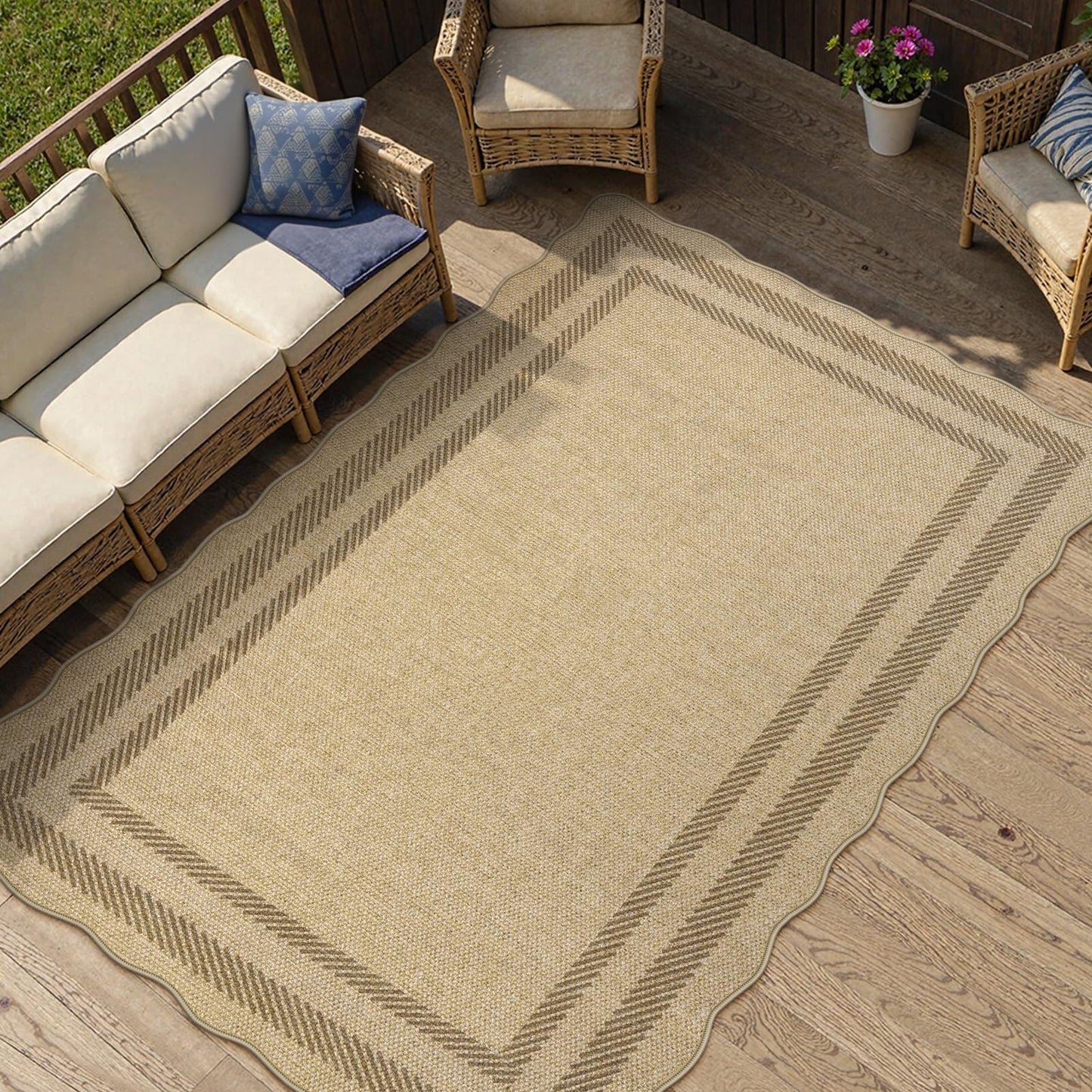 LIVEBOX Farmhouse Washable 3x5 Kitchen Rug, Easy Jute Geometri Tan Rugs for Entryway, Indoor Outdoor Scalloped Rug Boho Morden Carpet Door Mat Area Rug for Bedroom Laundry Room Hallway