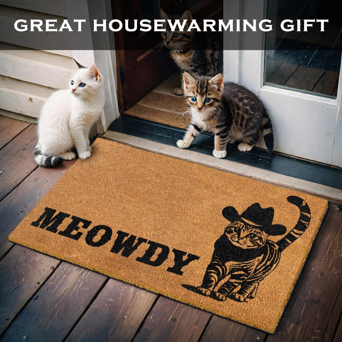 Meowdy Doormat 30x17 Inch, Cat Front Door Mat for Covered Area, Black Cat Welcome Mats for Front Door Gift, Coir Doormat