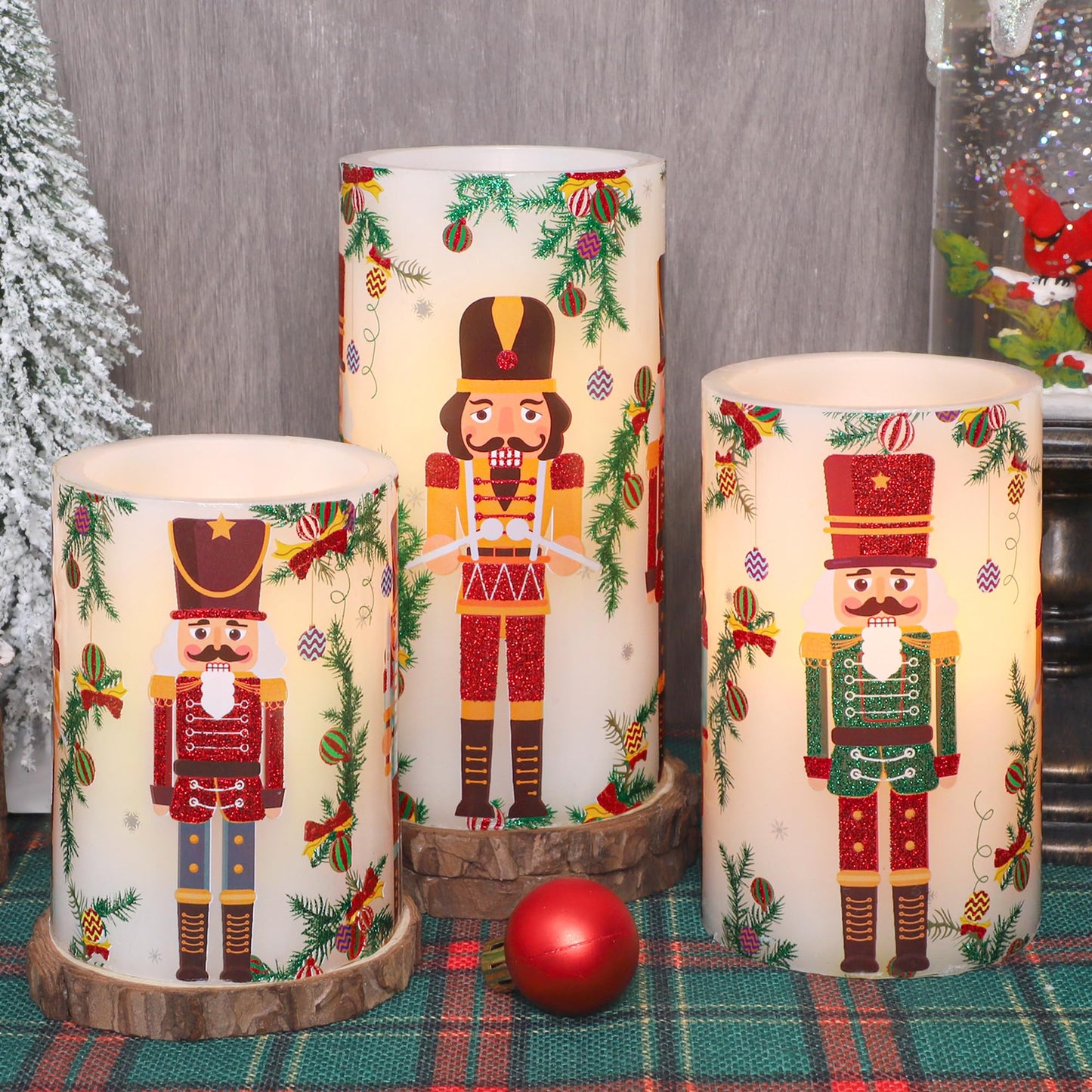 Crystal Club Christmas Flameless Candles Battery Operated, Holiday Nutcracker LED Candles with Remote, Realistic Pillar Candles for Xmas Tree, Mantel, Home Decor, Set of 3