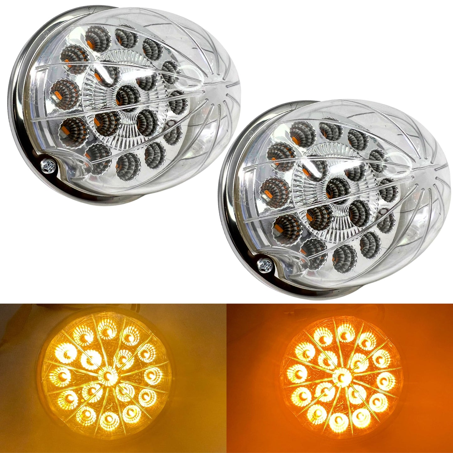 2PCS 17 LED Amber Dual Function Watermelon Lights Clear Lens with Stainless Steel Bezel Stop Turn Signal Marker Lights Freightliner Kenworth Peterbilt Trailer Fender Heavy Trucks IP67 3 Wire High Low