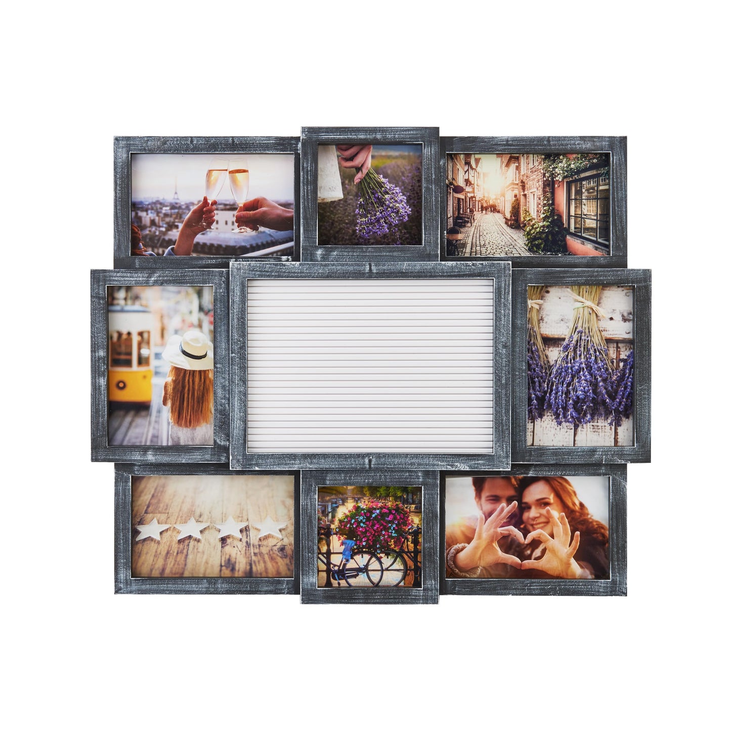Melannco Customizable Letterboard 8-Opening Photo Collage, 19 x 17 inch,Distressed Black