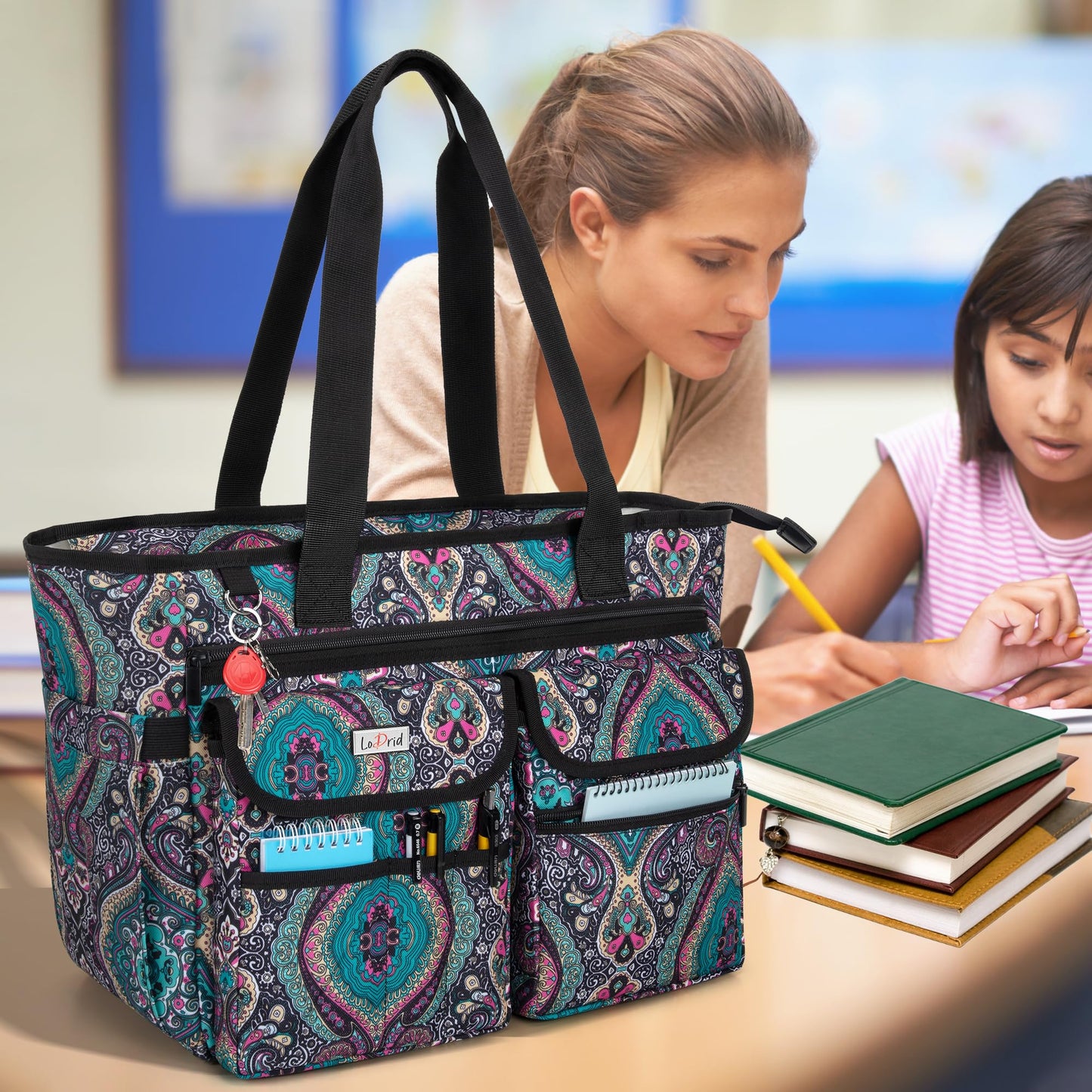 LoDrid Teacher Tote Bag with Bottom Pad, with Separated Storage Laptop Layer (up to 15.6 Inch), Teacher Bags and Totes for Women, Teacher Utility Bag with Large Compartment, Totem(Patented Design)