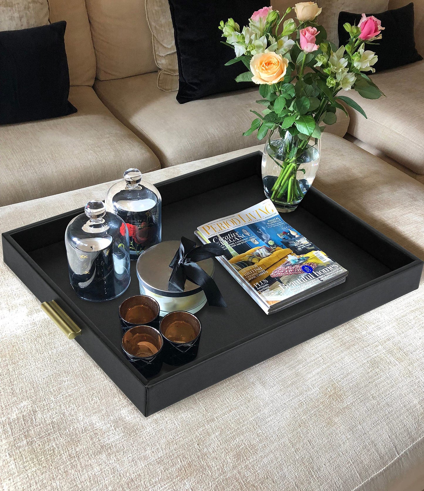 HofferRuffer Extra Large Serving Tray with Handles, Elegant Faux Leather Storage Decorative Tray for Coffee Table, Ottoman, Console Table, 20 x 16 x 2.2 inches (Black Tray+Golden Handle)