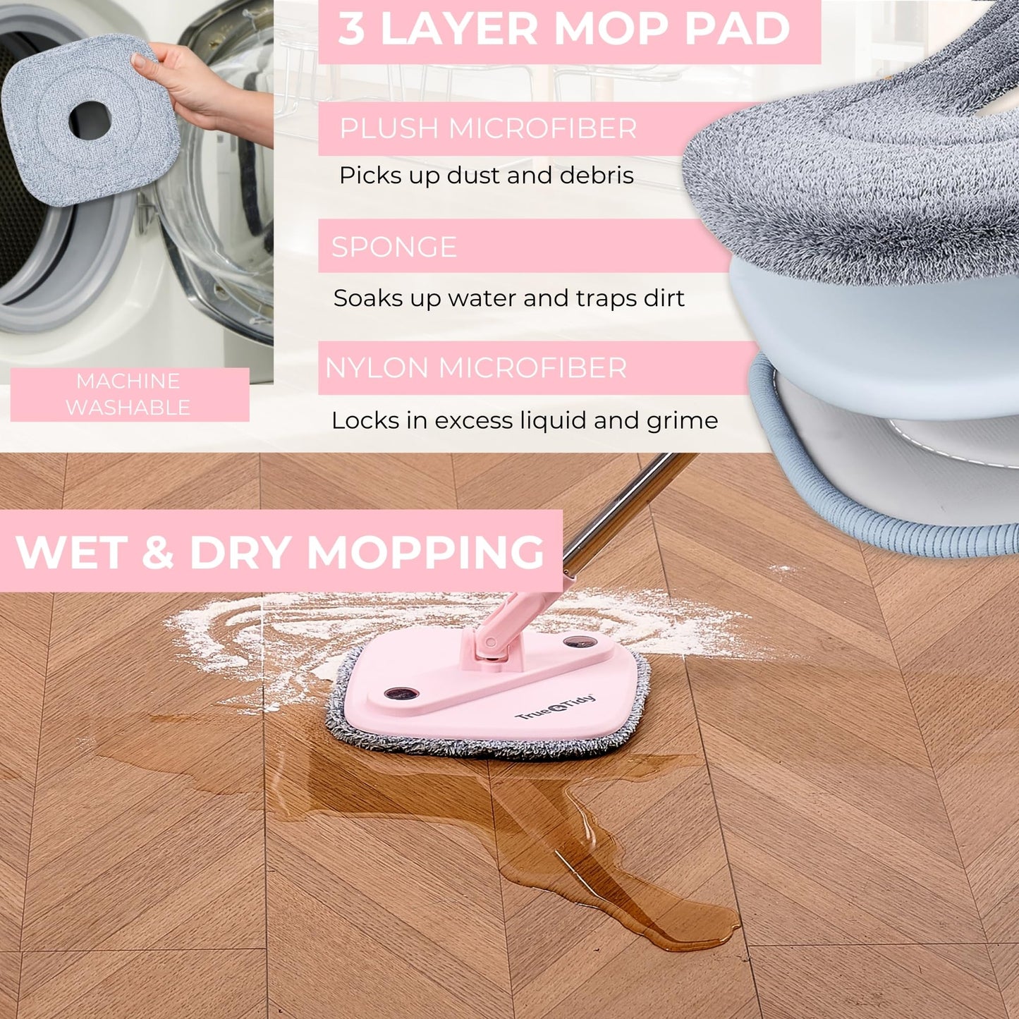 True & Tidy® True Clean Mop and Bucket System, Includes Square Spin, Dual Compartment Mop Bucket and 2 Thick Machine Washable Pads New Upgraded with Side Brush & Self Standing Handle, Rose