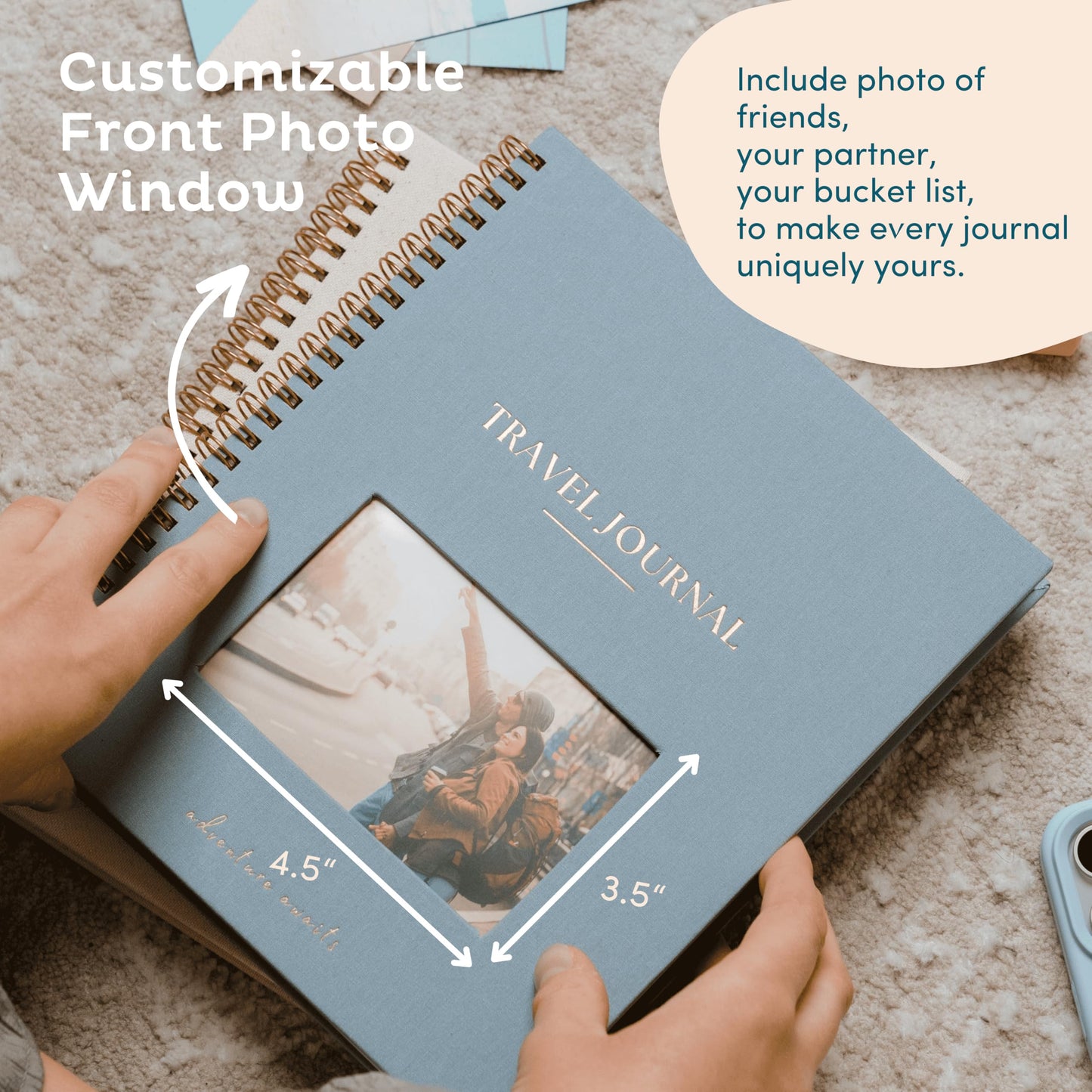 Nook Theory Personalized Travel Journal for Women, Men - Linen Travelers Notebook, Adventure Book with Prompts, Perfect for Travel Gifts (Ocean)