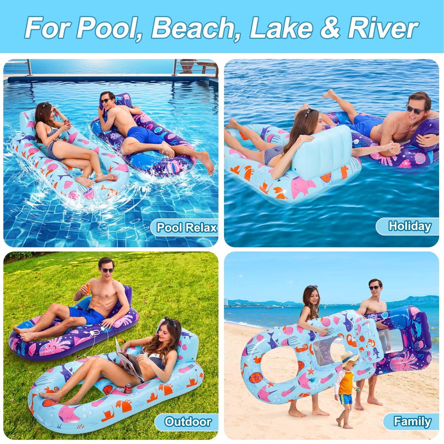 PuppyuWill 2 Pack Pool Floaties for Adults,Inflatable Pool Lounger Float Heavy Duty with Cup Holder, Backrest & Footrest Pool Lounge Float Extra Large Pool Rafts for Adults Beach Lake Party