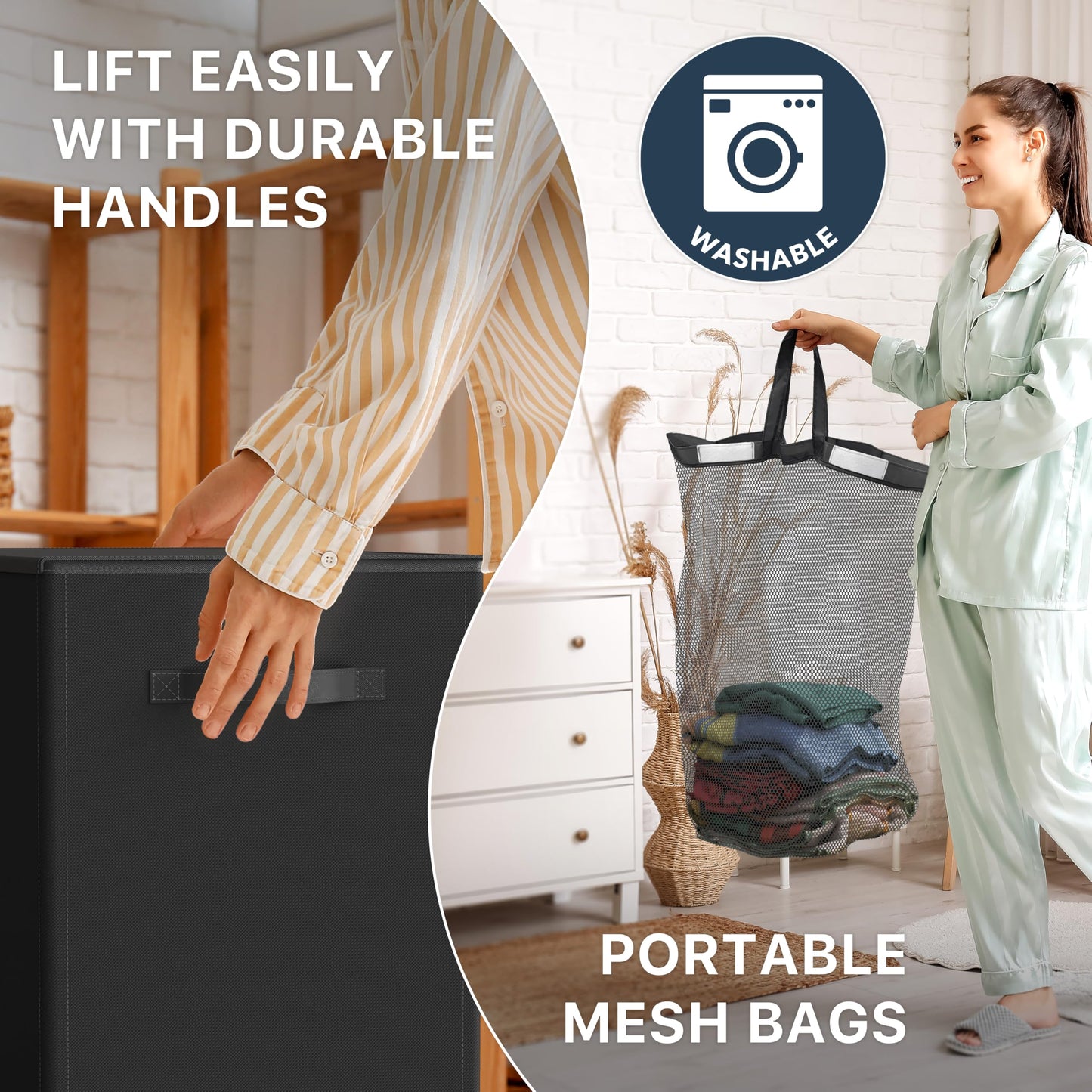 Simple Houseware 120L Double Laundry Hamper with Lid – Foldable Divided Clothes Basket with Removable Sorting Bags, Brown