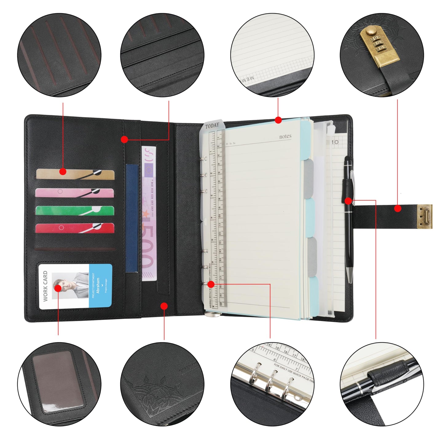 Wason A5 Journal with Lock PU Leather Ring Binder Portfolio, Refillable Writing Diary Notebook Planner and Lined Paper Notepad Pen Clipboard For Organizer Ideal Business School Travel (Black)