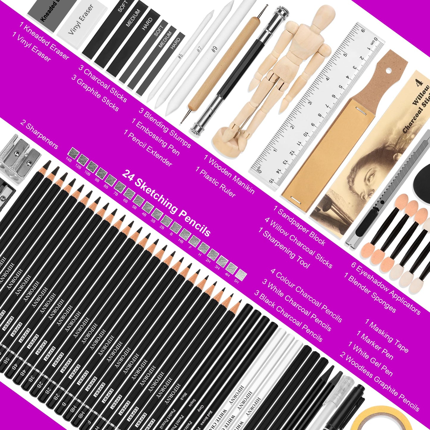 HIFORNY 70 Pcs Drawing Set Sketching Kit - Sketch Pencils Art Supplies for Adults Artists with 3-Color Sketchbook,Graphite,Pastel,Charcoal Pencils,Blending Tools