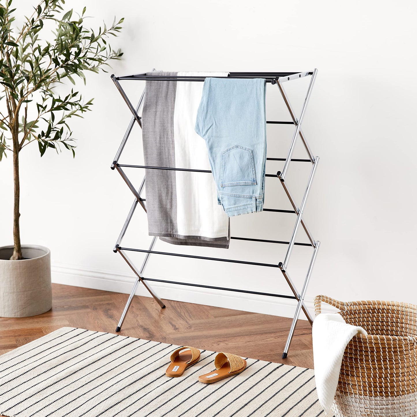 Amazon Basics Foldable Portable Laundry Drying Rack for Indoor Air Drying Clothing, 29.4 x 14.8 x 41.9 inches (LxWxH), Chrome Silver