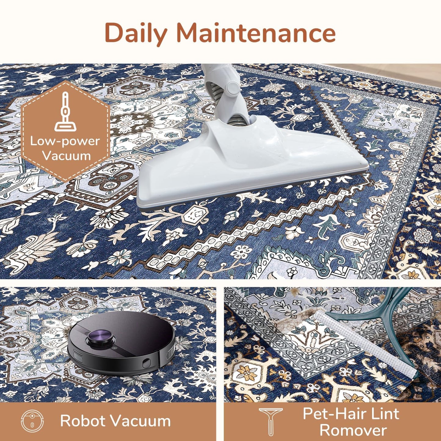 OPPODREAM Soft Area Rug 5x7, 5x7 Rugs for Living Room, Washable Rugs for Bedroom with Non Slip Backing, Faux Cashmere Low-Pile 5 x 7 Carpet, Navy Blue & Golden