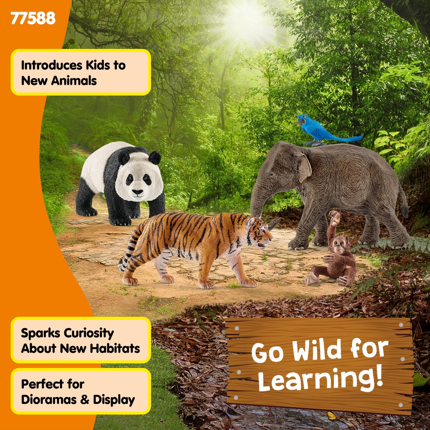 schleich Wild Life - 5PC Wild Animal Toy Set - Jungle Safari Bundle with Panda, Macaw, Baby Orangutan, Elephant, and Tiger Figurine - Realistic Wildlife Figures for Screen-Free Play - Kids 3+ | 77588