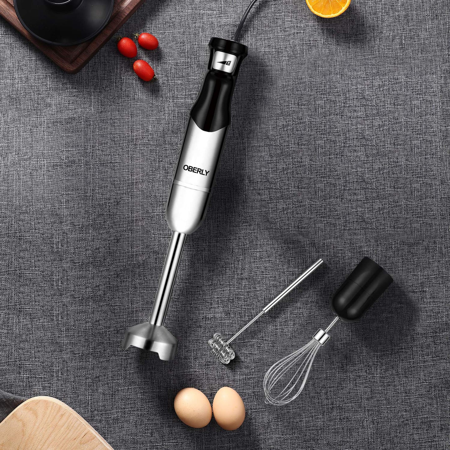 Immersion Hand Blender Electric, OBERLY 500W Heavy Duty 3-in-1 Handheld Stick Mixer, Smart Stepless, Stainless Steel Blade with Milk Frother, Egg Whisk for Coffee Foam, Smoothies and Puree