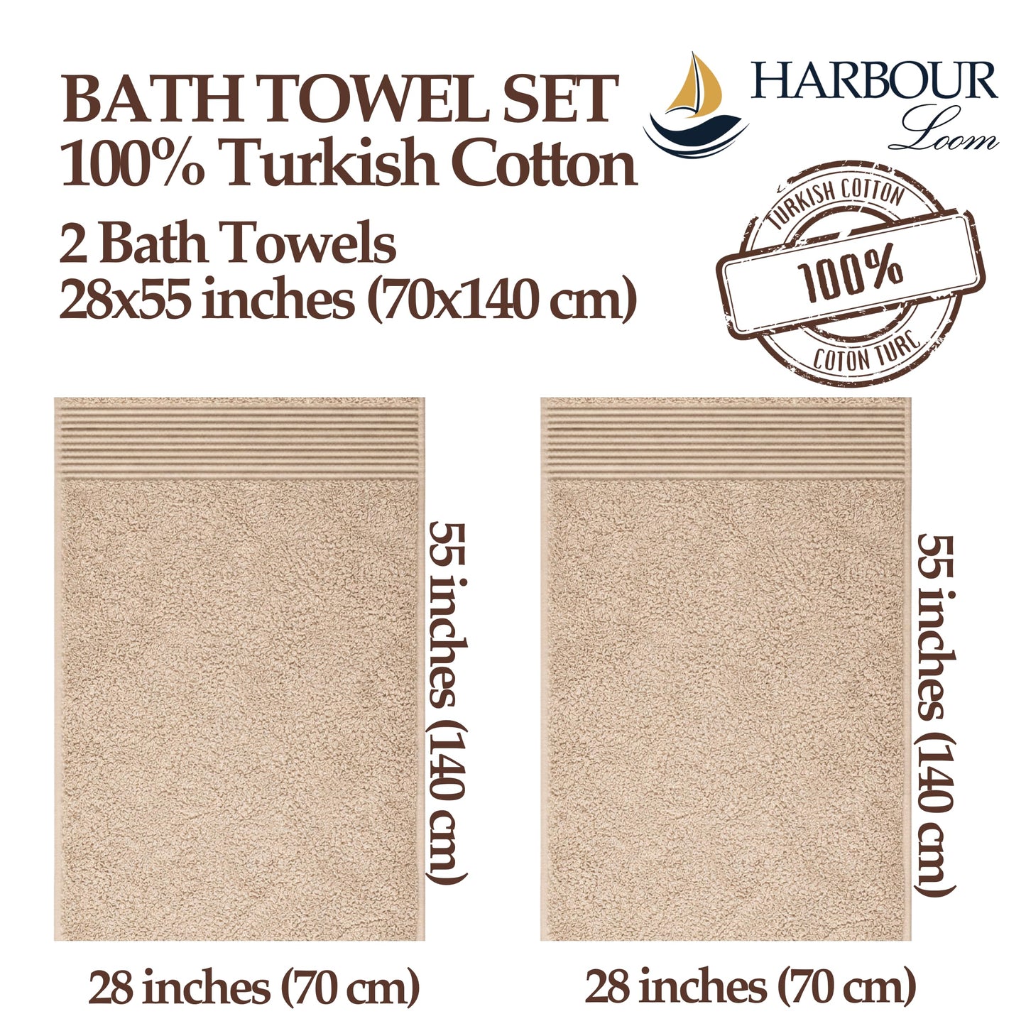 Harbourloom Boulevard Series Luxury Bath Towels – 2 Pack 600 GSM Turkish Cotton Bath Towel Set, Soft Plush Absorbent & Quick-Dry Bathroom Towels, Hotel & Spa Quality, 28 x 55 in (Taupe Quartz)