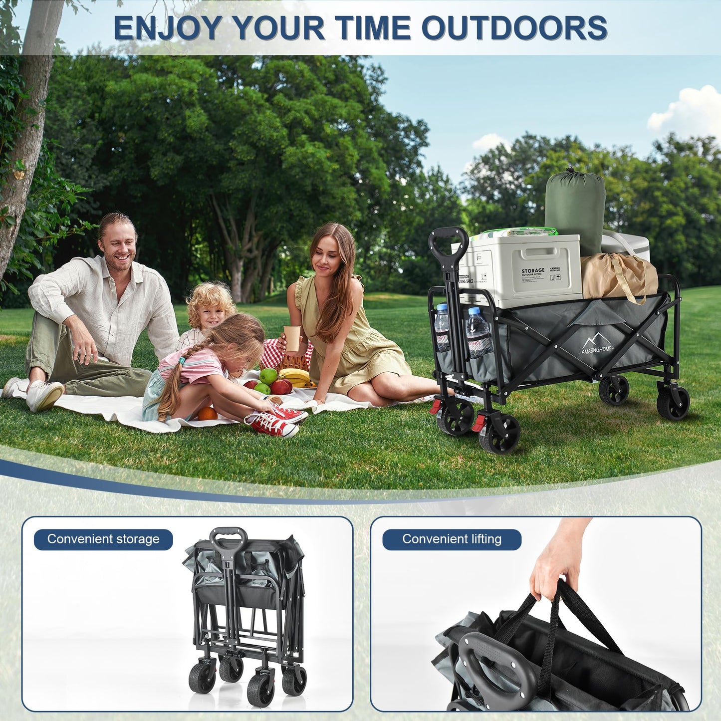 AMAZINGHOME Wagon Cart Foldable - 100KG Weight Capacity Folding Wagon with 5 Inch Silent Brake Universal Wheels, Adjustable Handle, Portable Garden Cart with Cup Holder for Camping, Picnic