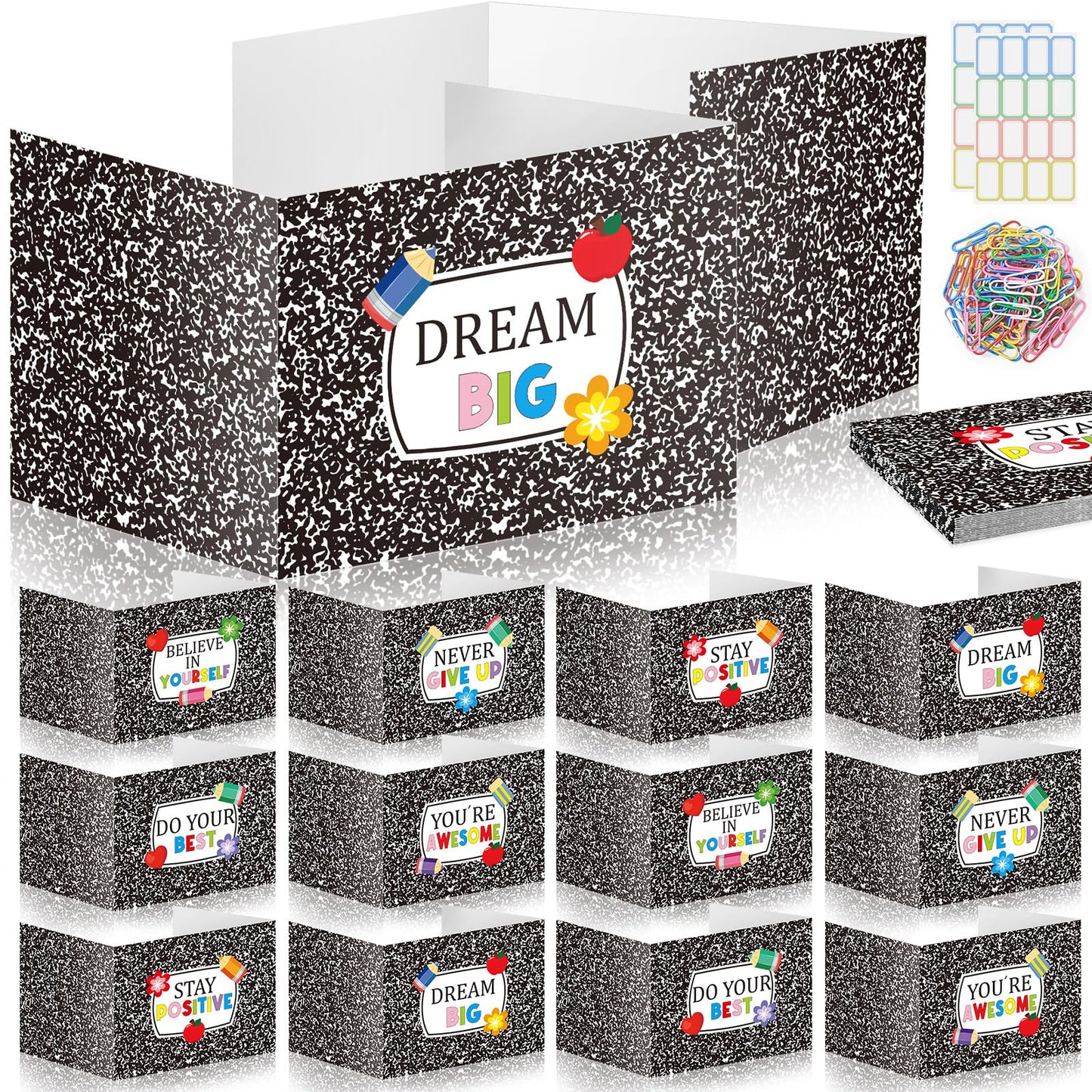 Cinrobiye 24 Pcs Composition Privacy Folders Standard for Students Cardboard Shields Test Privacy Boards Inspirational Words Desk Dividers Shield for Classroom School Study Supplies (Black)