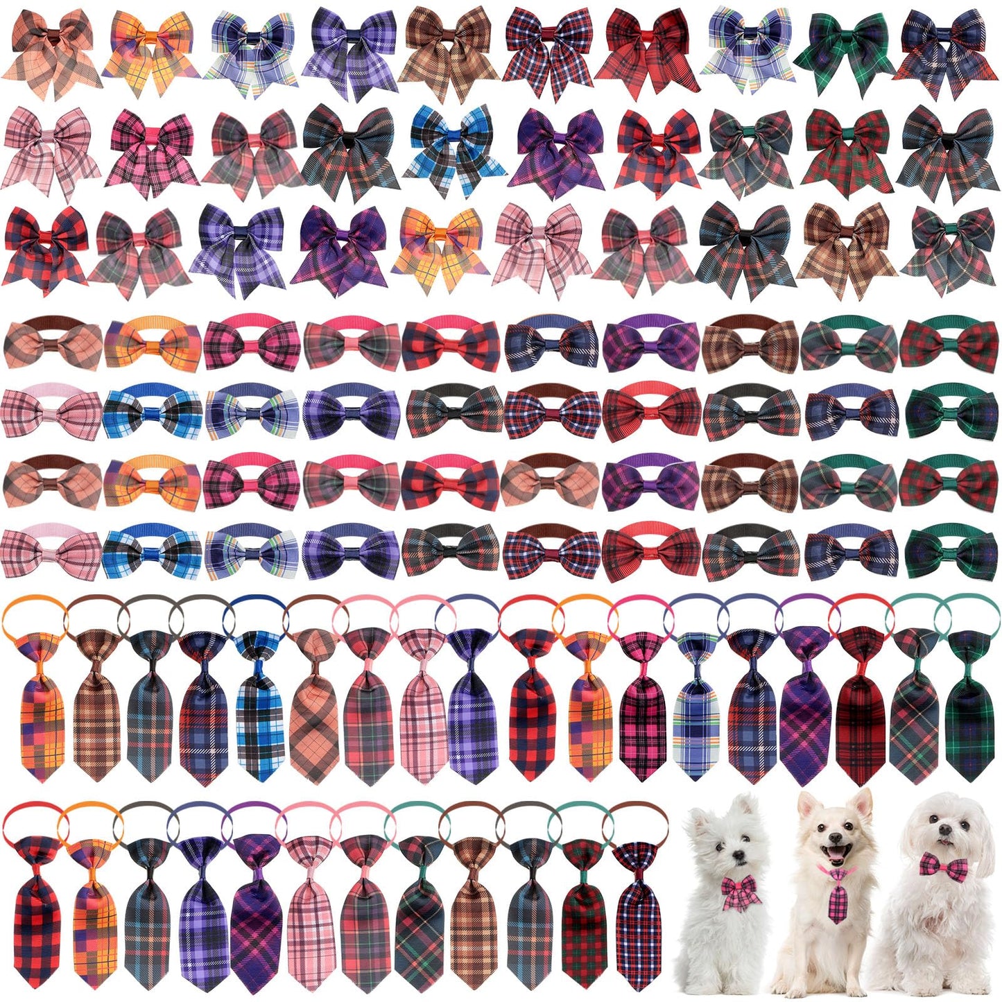 Reginary 100 Pieces Dog Bow Tie Collar Set Include 40 Dog Neckties, and 30 Puppy Bowties, 30 Collar Flowers, Adjustable Pet Ties Grooming for Small Medium Cats Pets Supply(Plaid)