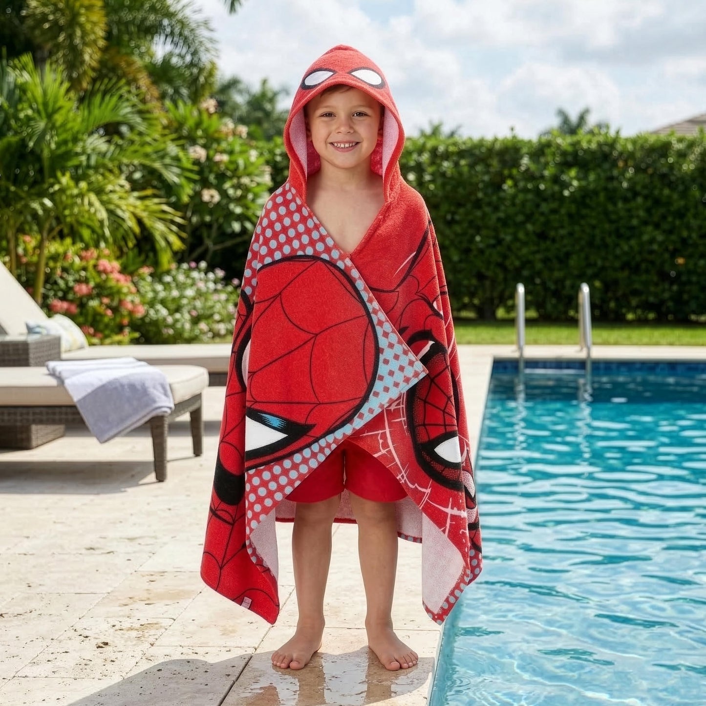 Marvel Spiderman Boys Beach Towel, Wearable Pool Swimming Towel, Wrap Hooded Towels for Kids, Kids Bath Towels, Red One Size