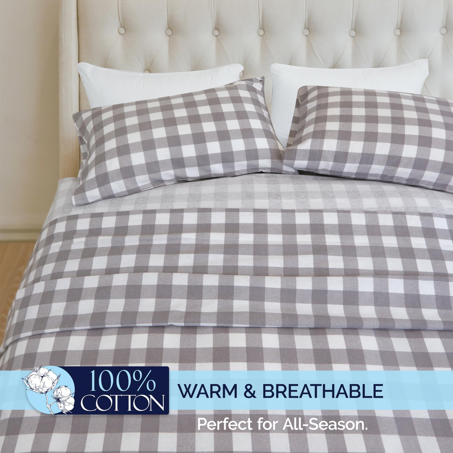 Elegant Comfort Soft 4-Piece 100% Turkish Cotton Flannel Sheet Set - Premium Quality, Deep Pocket Fitted Sheet, Ultra Soft, Cozy Warm Flannel Sheets - King, Buffalo Check Gray