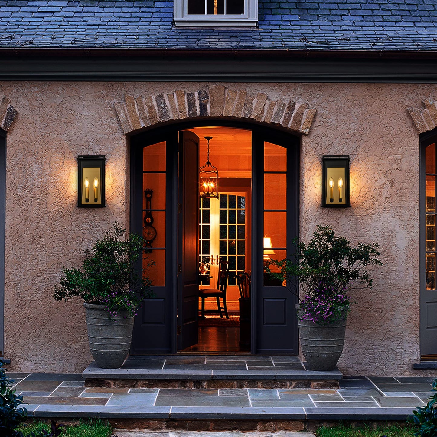 OUPAVOCS Outdoor Wall Lights with Clear Glass, Black Exterior Porch Lights Wall Mount, Outdoor Wall Sconce with Gold Candelabra Interior, Wall Lantern, Patio Light Fixture for House, Entryway, Garage