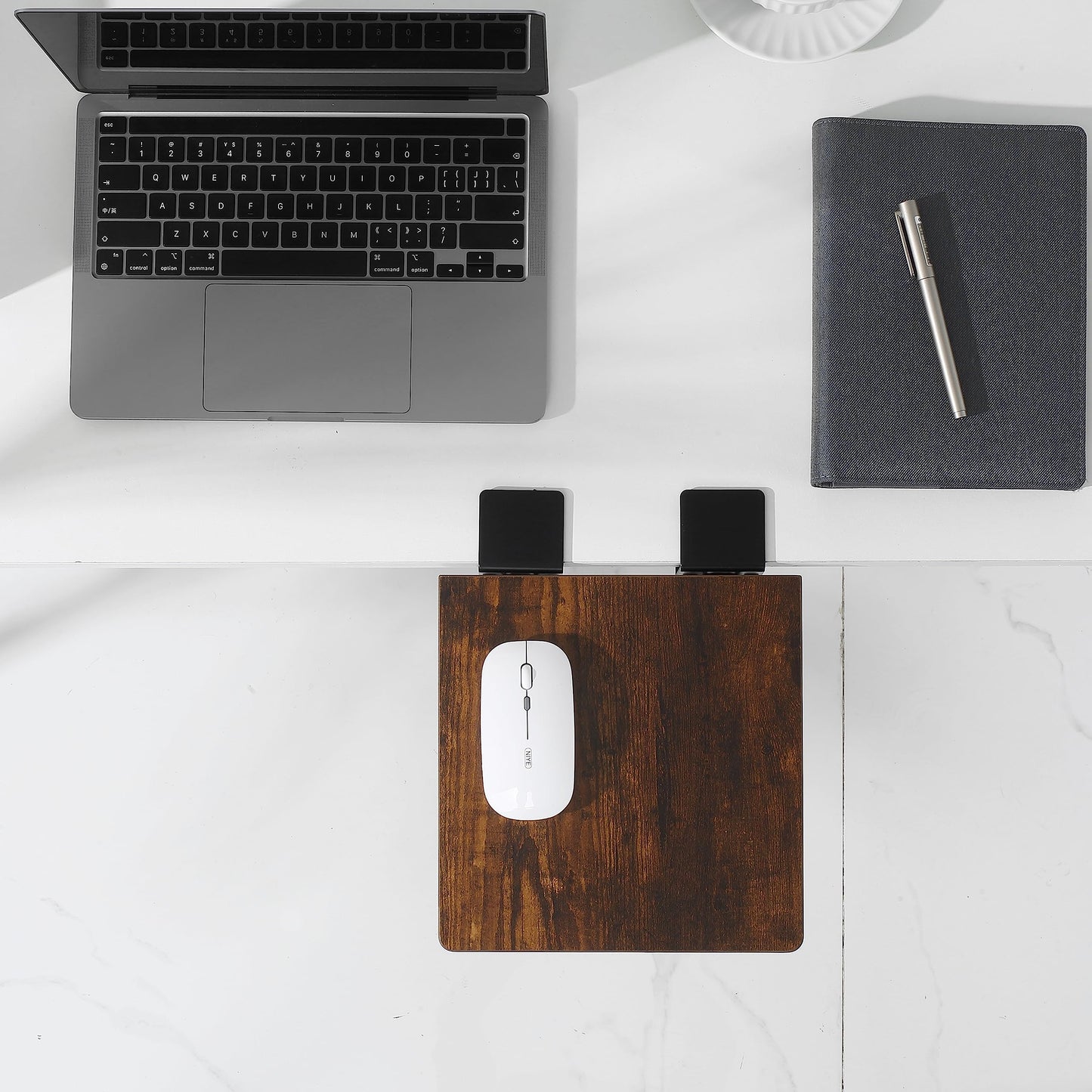 ETHU Armrest Support Desk Extender Tray - Compact 9.4"x9" Foldable Armrest Shelf with Wrist Rest, Clamp On Ergonomic Platform for Office Desk, Walnut