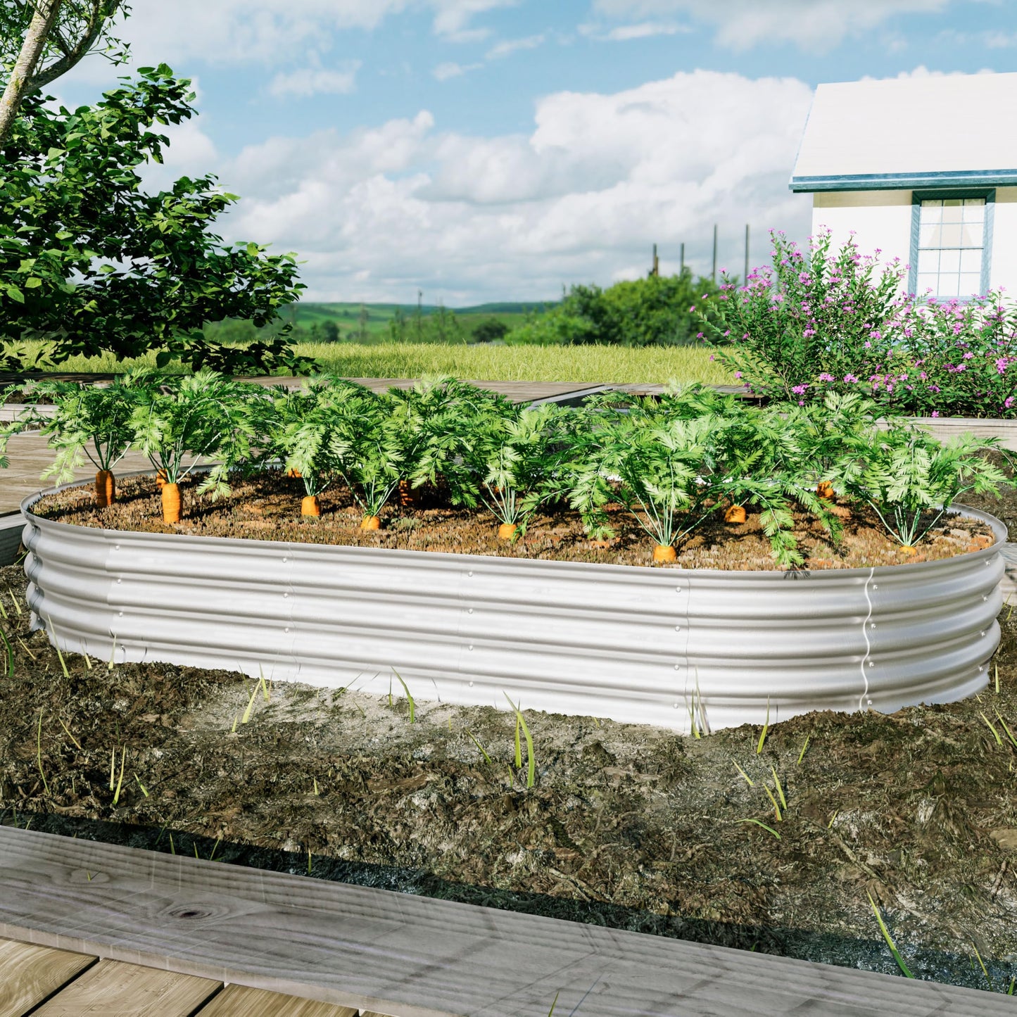 FOUBAM Galvanized Raised Garden Bed Kit, Oval Planters for Outdoor Plants,Galvanized Planter Boxes, Metal Raised Garden Beds Outdoor for Vegetables Flower Herb Patio 8 X 4 X 1 FT