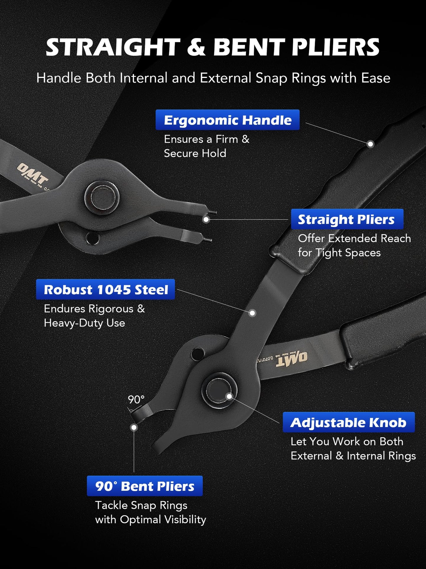 Orion Motor Tech 10pc Snap Ring Pliers Set, Internal & External Circlip Pliers With Bent & Straight Pliers, Hook Pick, Heavy Duty Removal Tool, Storage Case & Gloves