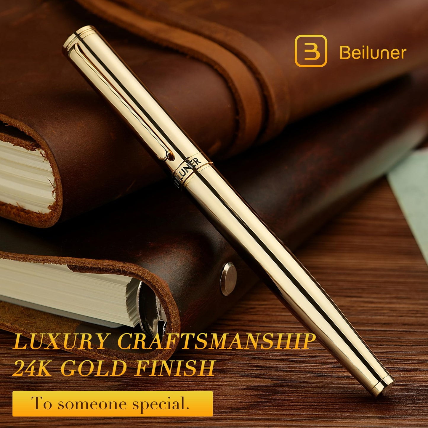 BEILUNER Luxury Rollerball Pen,Stunning Gold Pens with 24K Gold Finish, Noble and Elegant Designs,Schneider Ink Refill, Fancy Gift Set for Men & Women, Executive Writing, Office, Nice Graduation Gift