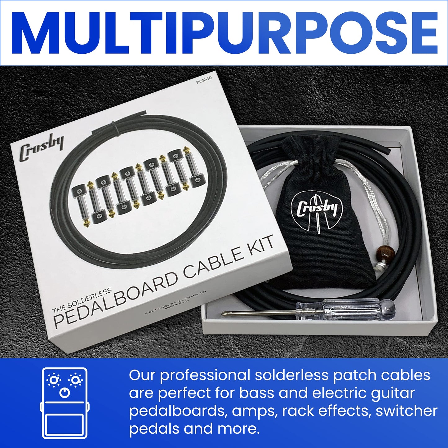 Crosby Solderless Pedalboard Cable Kit - No Cable Stripping Required, 3 Metres of Cable & 10 Gold Tip Connectors with Magnetic Screws & Screwdriver Make 5 DIY Custom Patch Cables