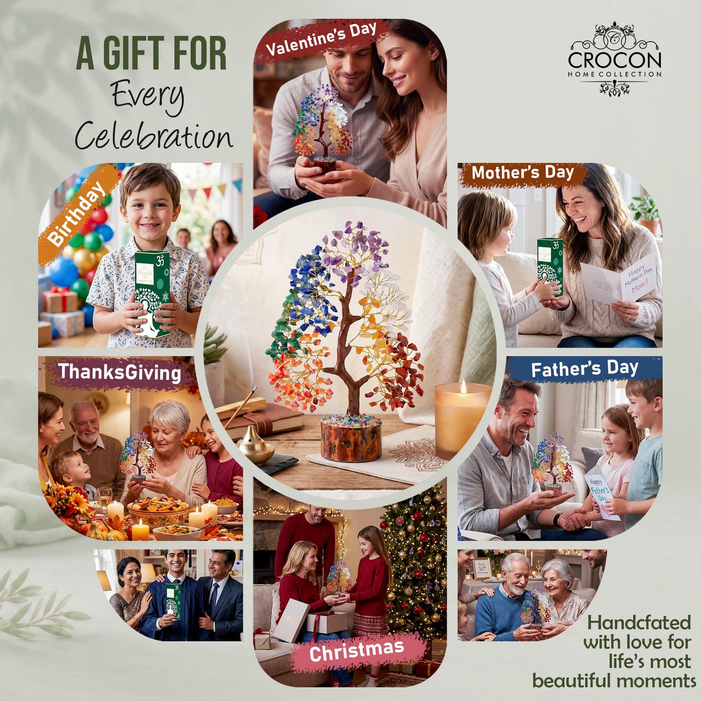 Crocon® The Original 7 Chakra Crystals Tree of Life, Birthday Gifts for Women, Men & Friends, Chakra Tree for Home & Office Decor | House Warming Gifts New Home, Gift for mom, Her, Sister & Self Care