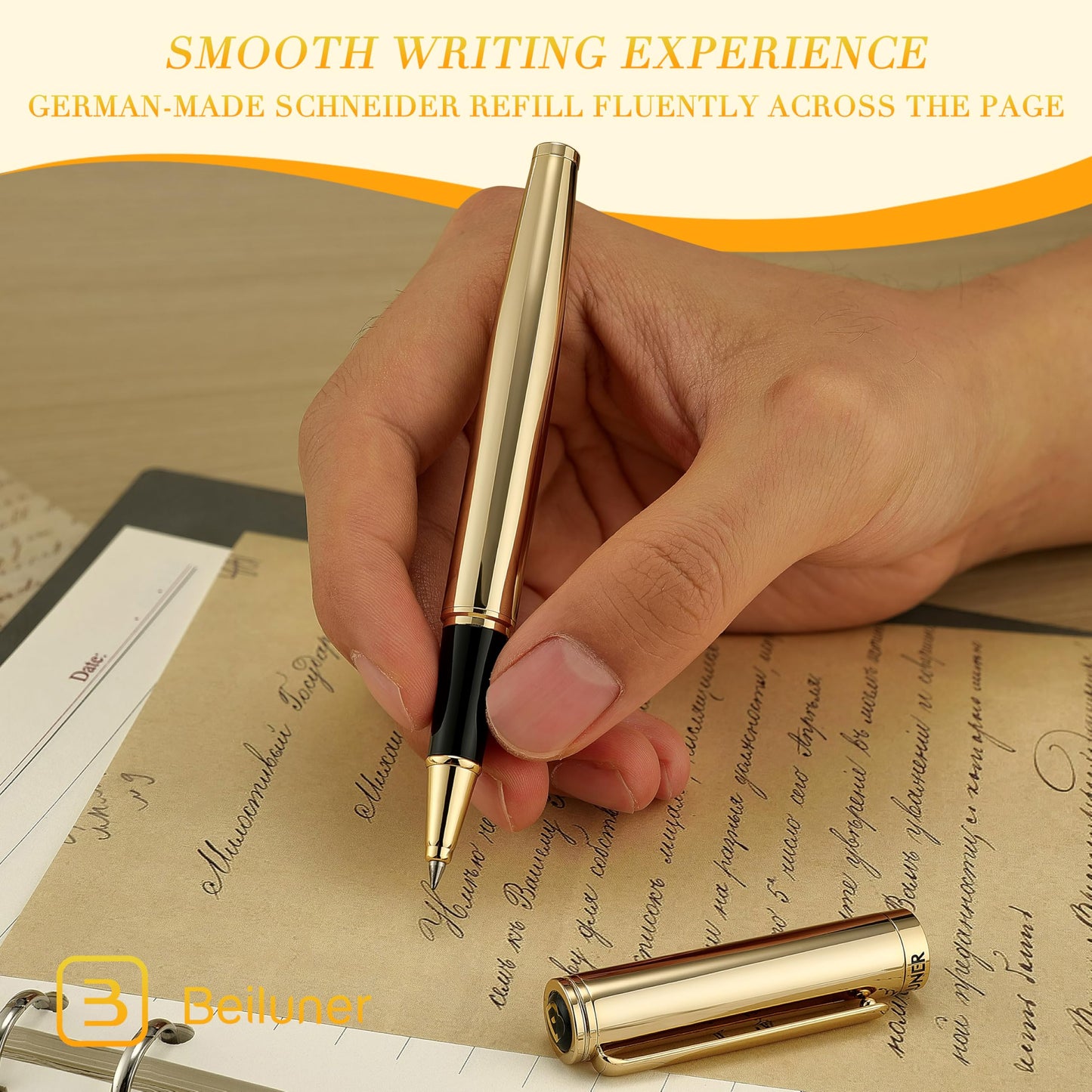 BEILUNER Luxury Rollerball Pen,Stunning Gold Pens with 24K Gold Finish, Noble and Elegant Designs,Schneider Ink Refill, Fancy Gift Set for Men & Women, Executive Writing, Office, Nice Graduation Gift